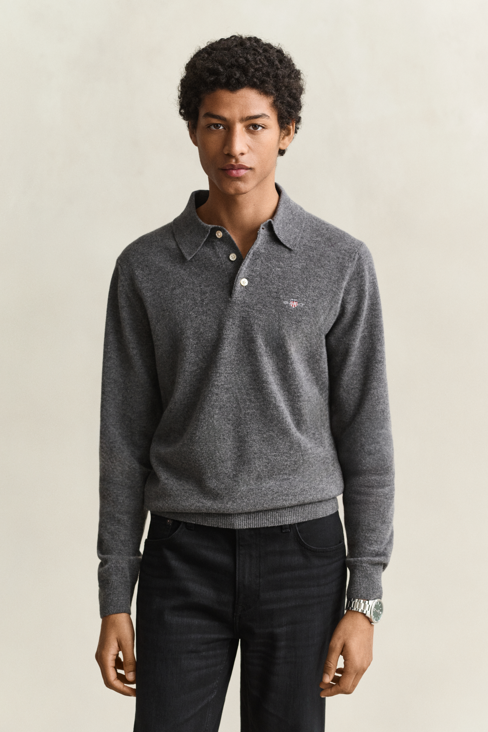 Gant Men's Superfine Lambswool Long Sleeve Polo Shirt in Charcoal Melange Grey Size L - Image 2