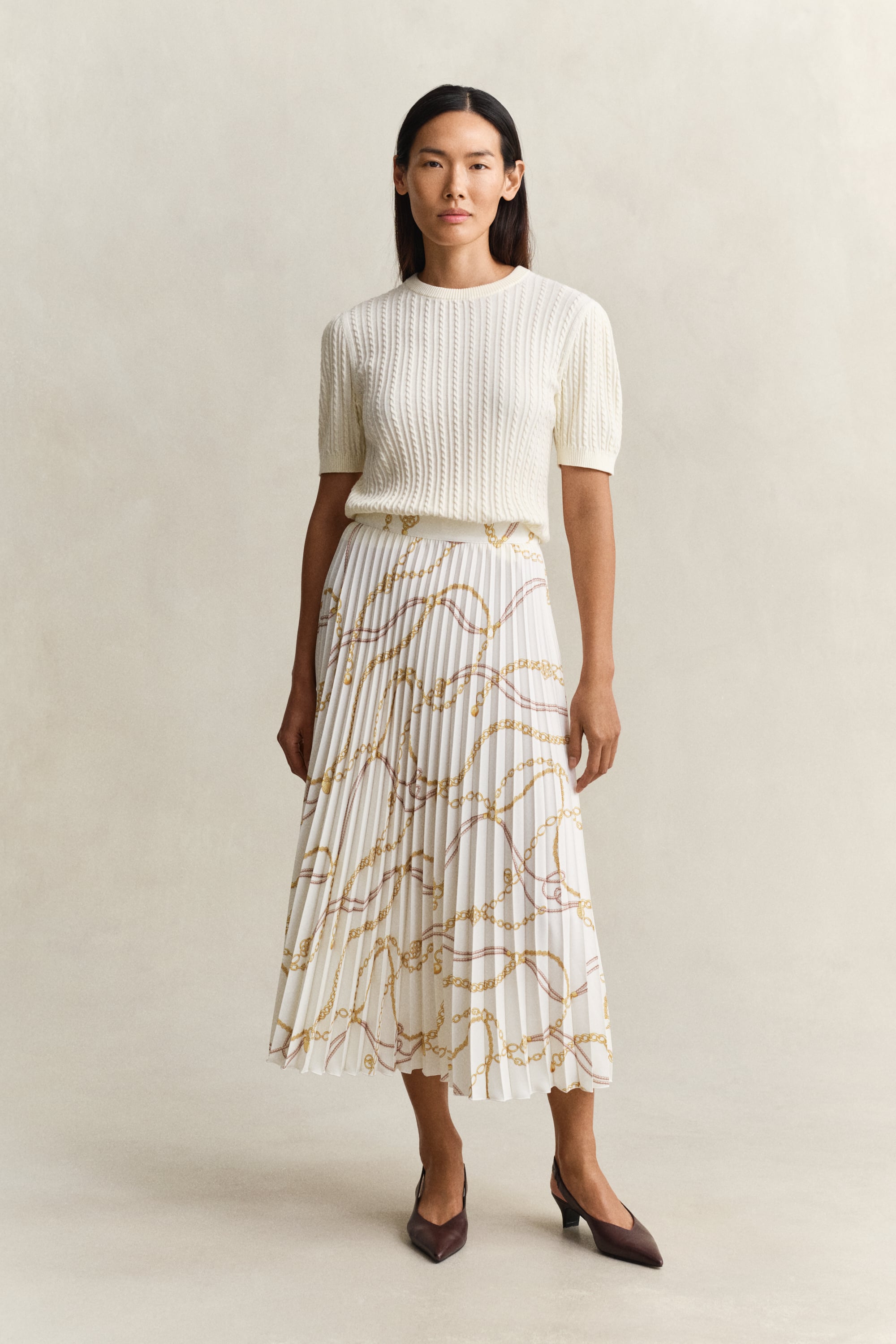 Gant Women's Off White Printed Pleated Midi Skirt (36) Eggshell