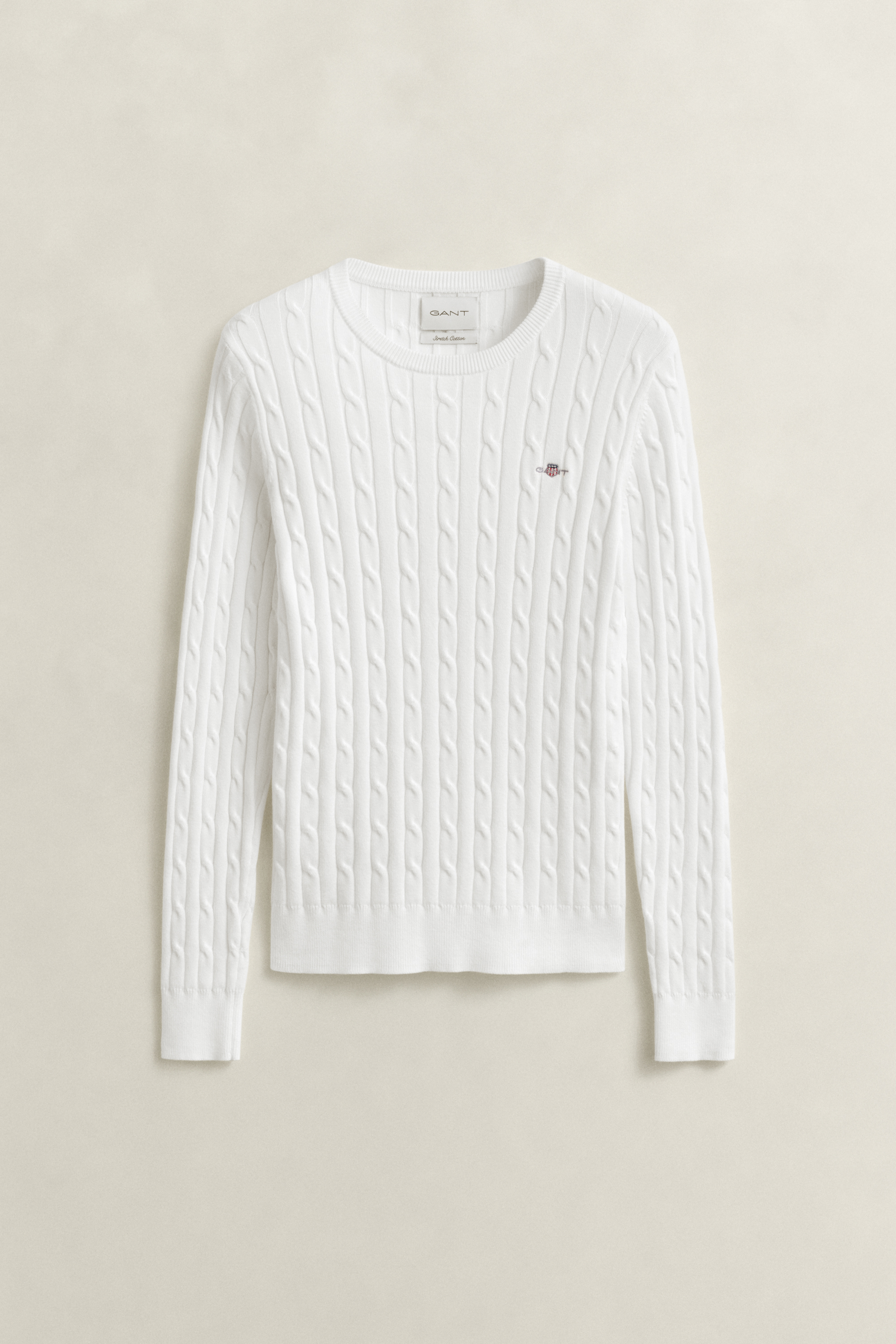 Stretch Cotton Cable Knit Crew Neck Sweater