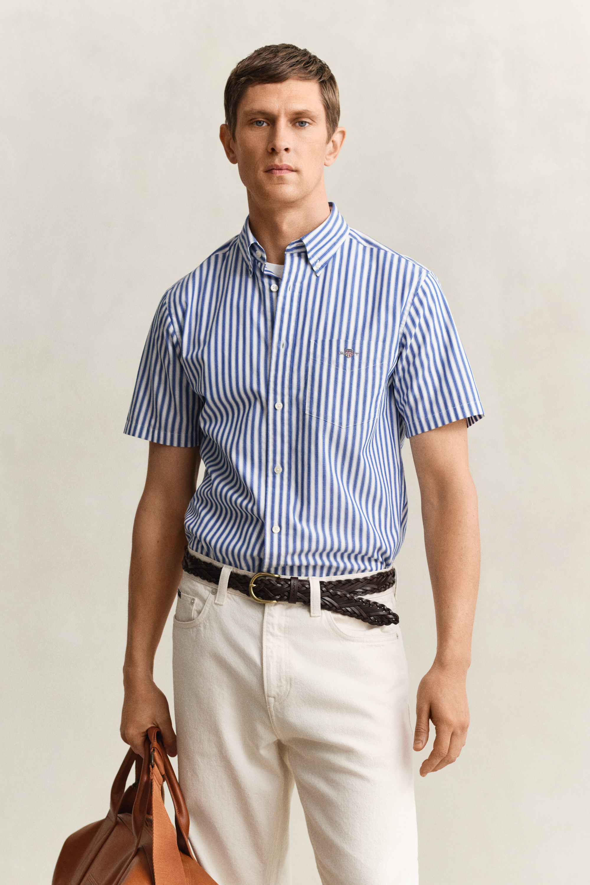 Gant Men's Blue Striped Classic Poplin Short Sleeve Shirt (Xxxl) College