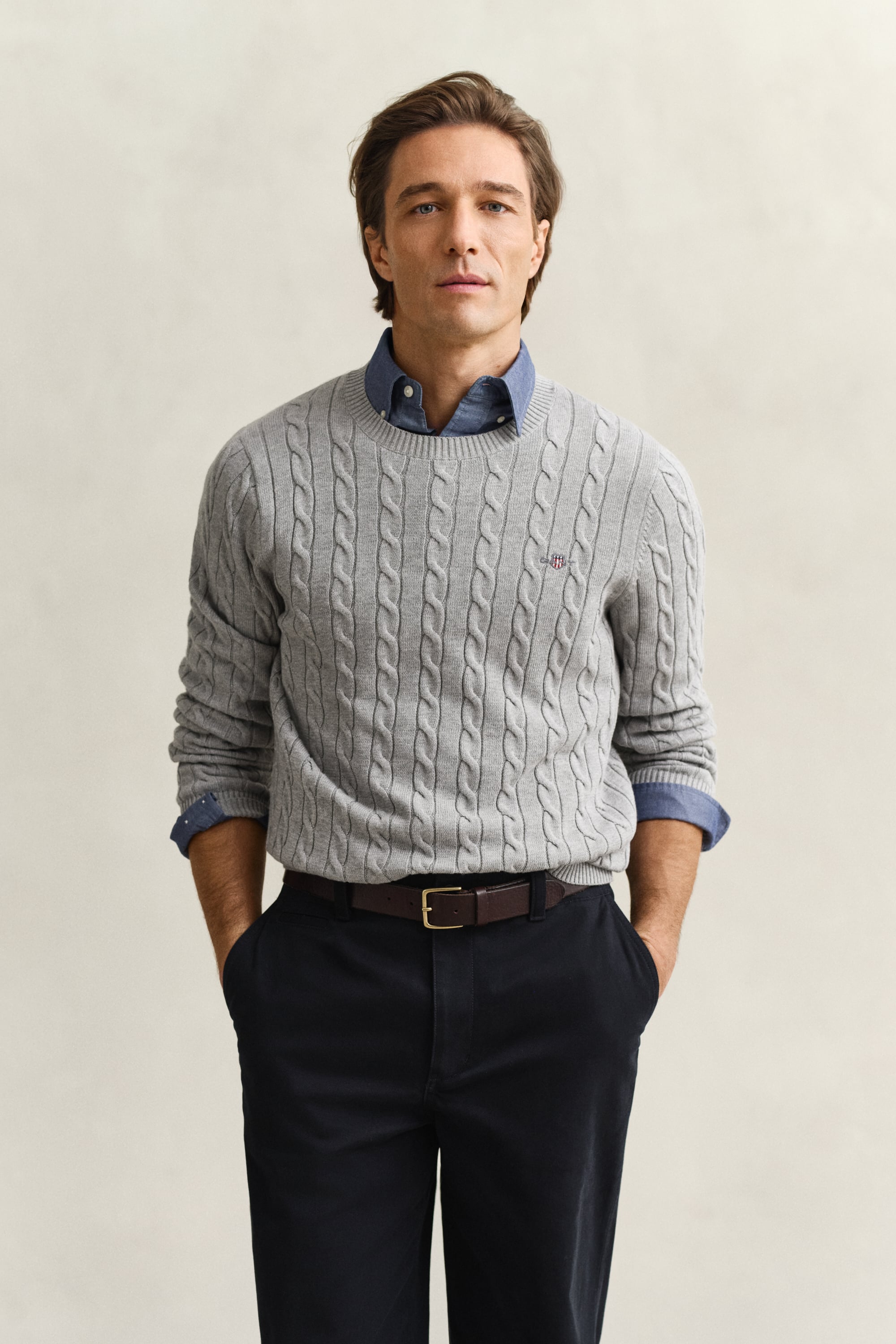 Gant Men's Grey Cotton Cable Knit Crew Neck Sweater (Xxxl) Melange