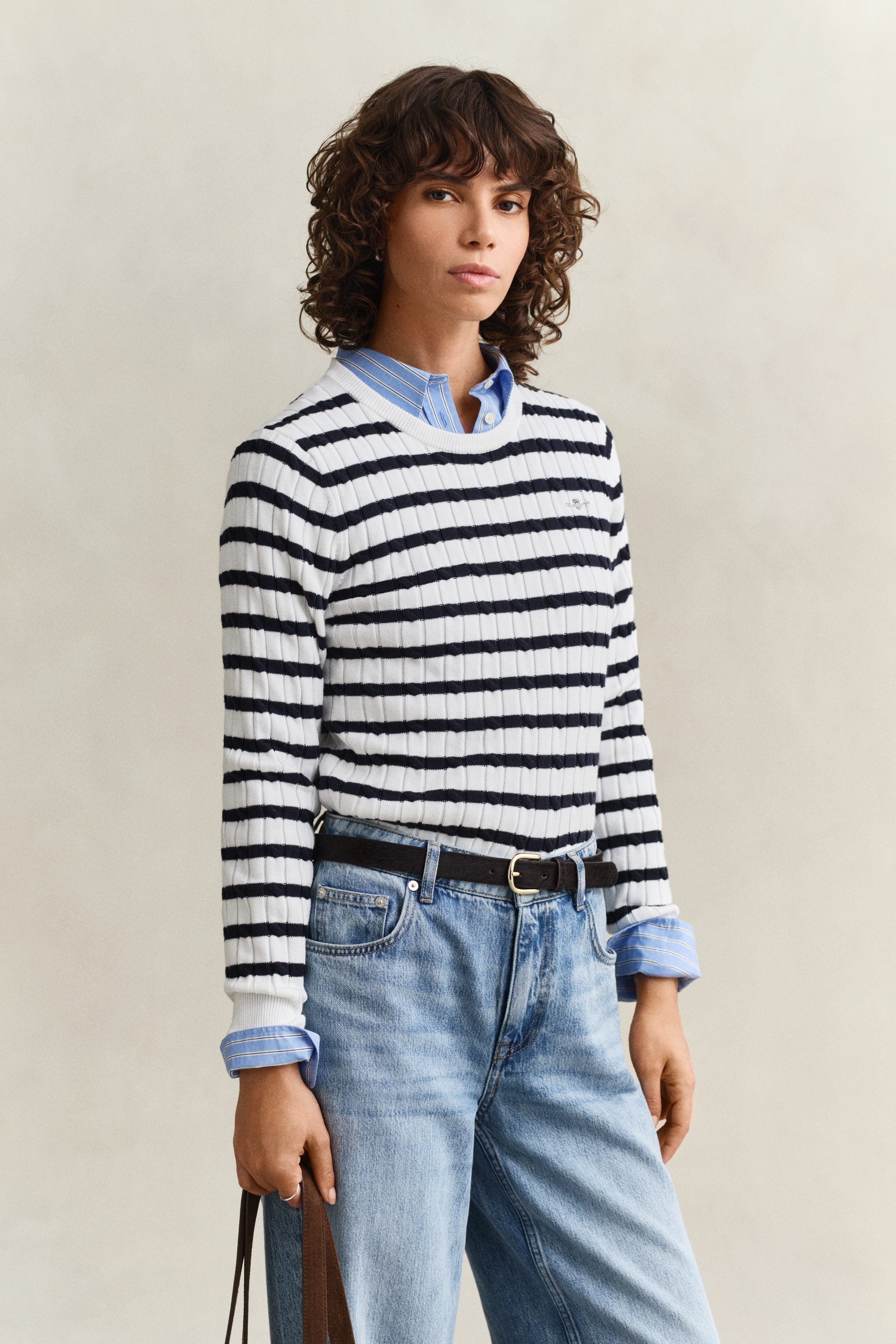 Gant Women's Off White Striped Cable Knit Crew Neck Sweater (Xs) Eggshell