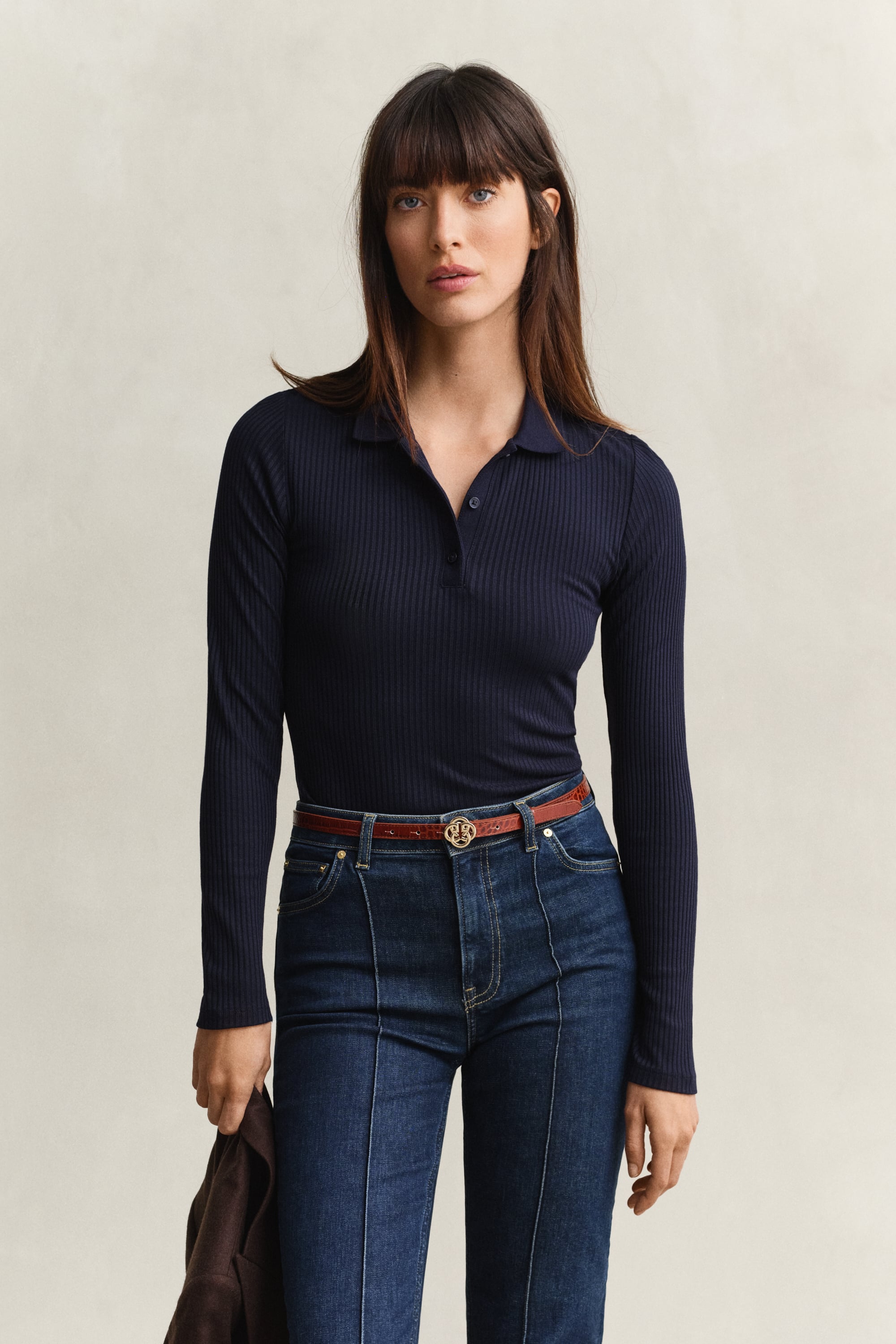 Gant Women's Navy Slim Ribbed Polo Top (S) Evening Blue