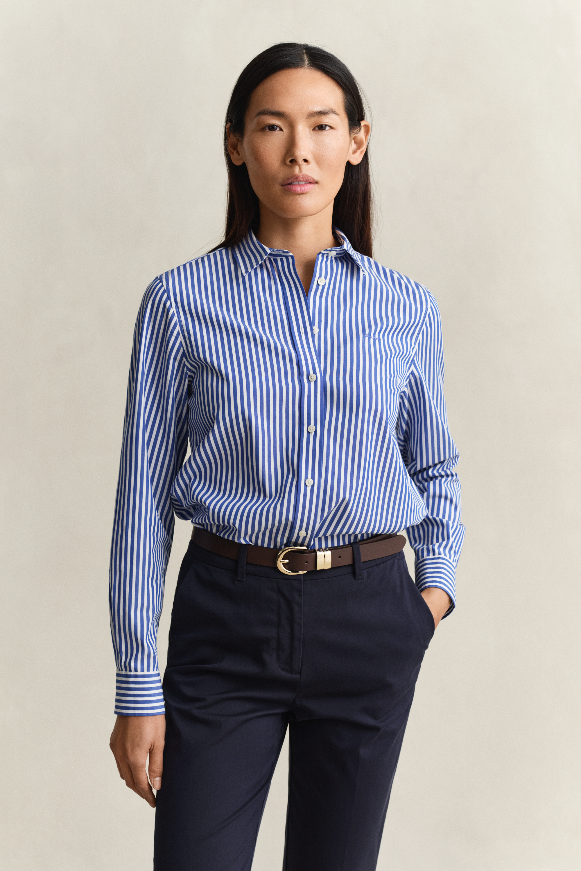 Gant Women's Royal Blue Regular Fit Classic Striped Poplin Shirt (46)