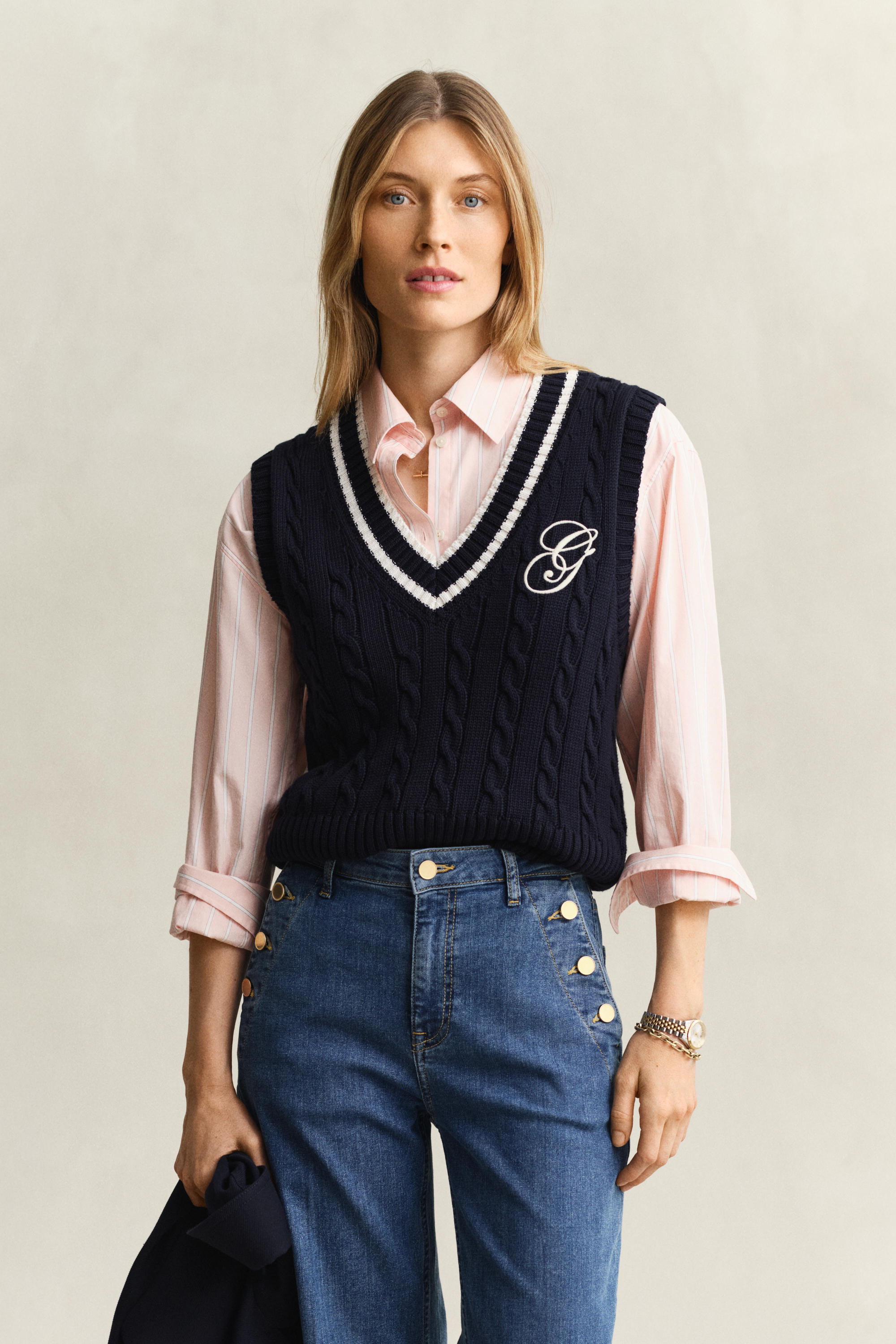 Gant Women's Navy Cotton Cable Knit Vest (Xs) Evening Blue