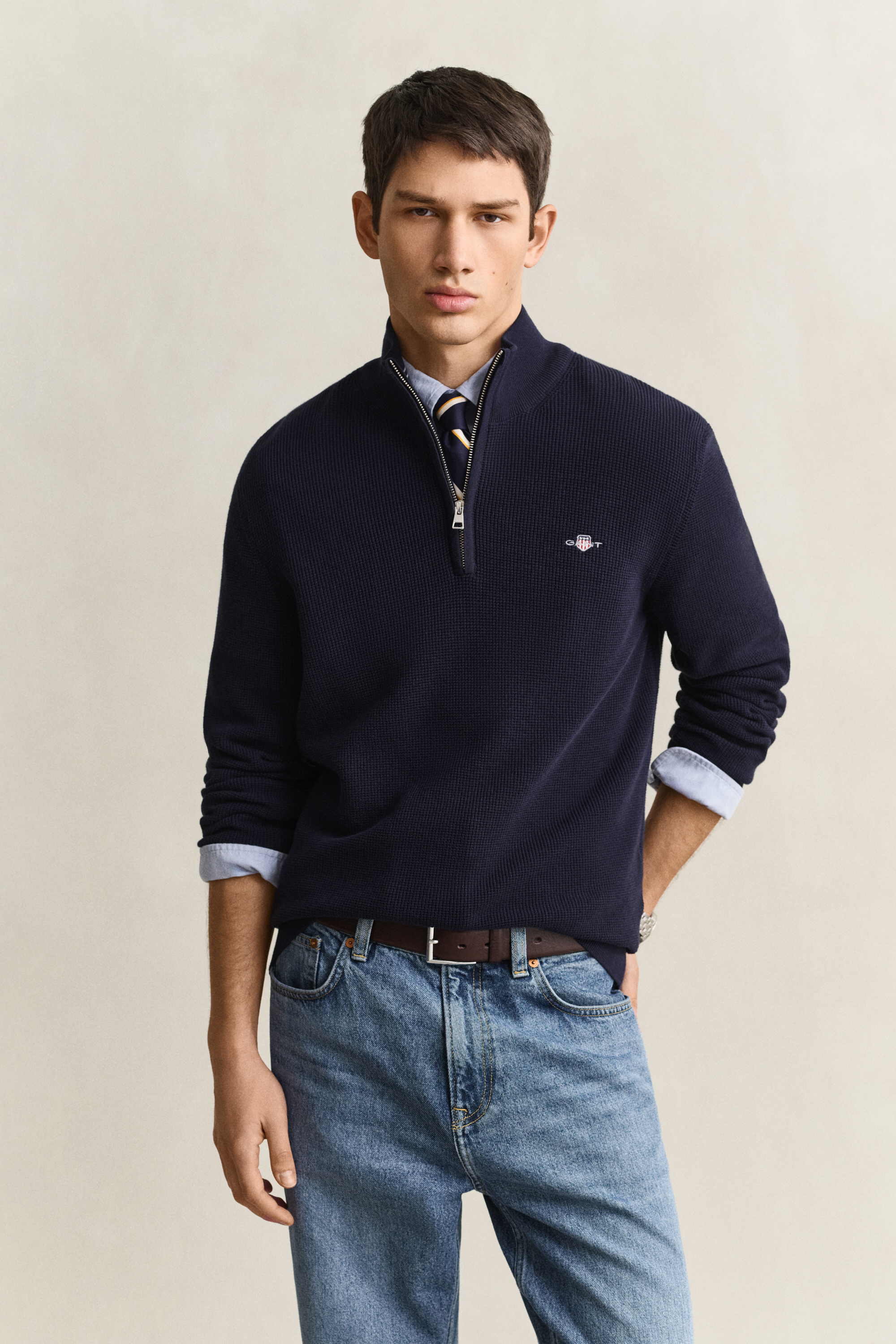 Gant Men's Navy Textured Cotton Half-Zip Sweater (Xxxl) Evening Blue