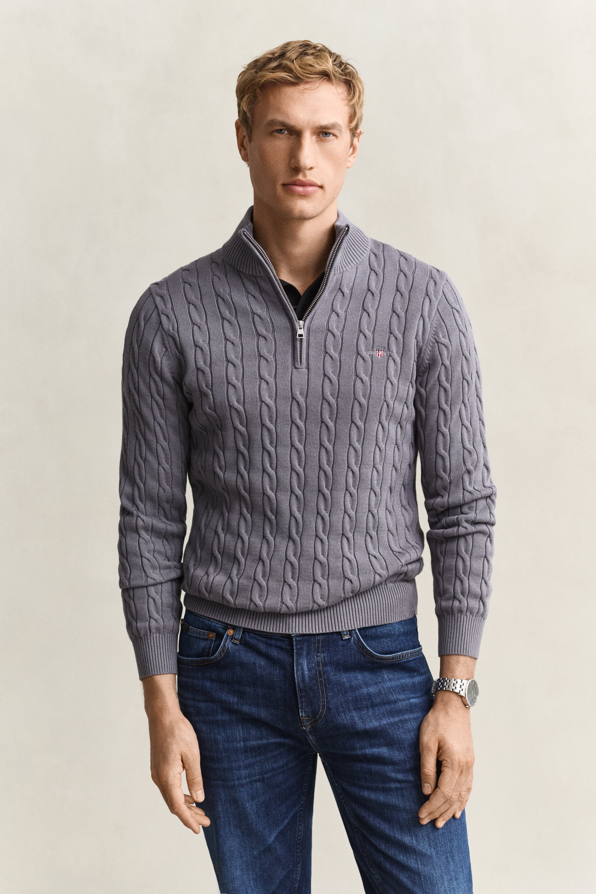 Gant Men's Mid Grey Cotton Cable Knit Half-Zip Sweater (Xxxl)
