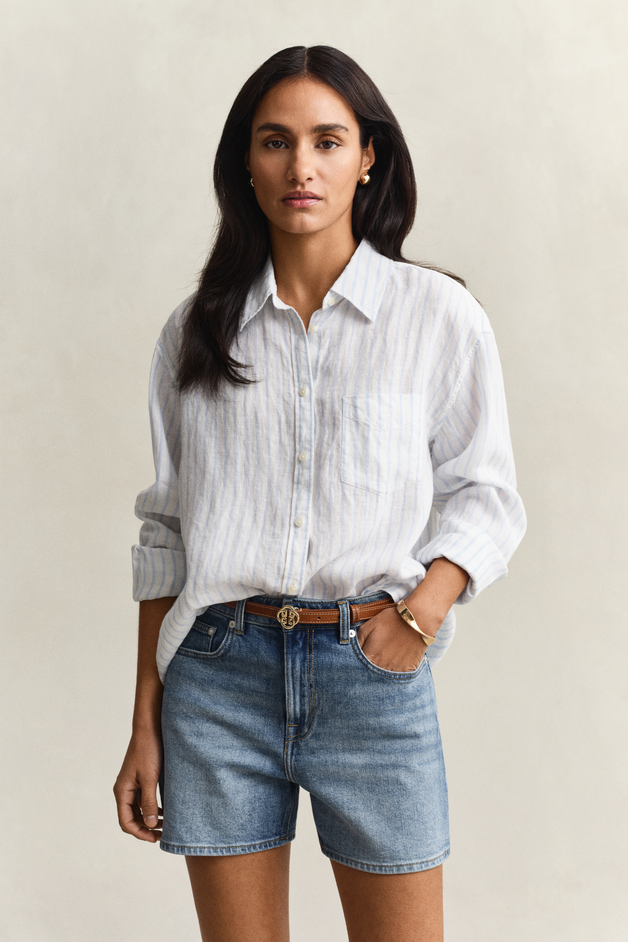 Gant Women's Light Blue Relaxed Fit Striped Linen Shirt (46)