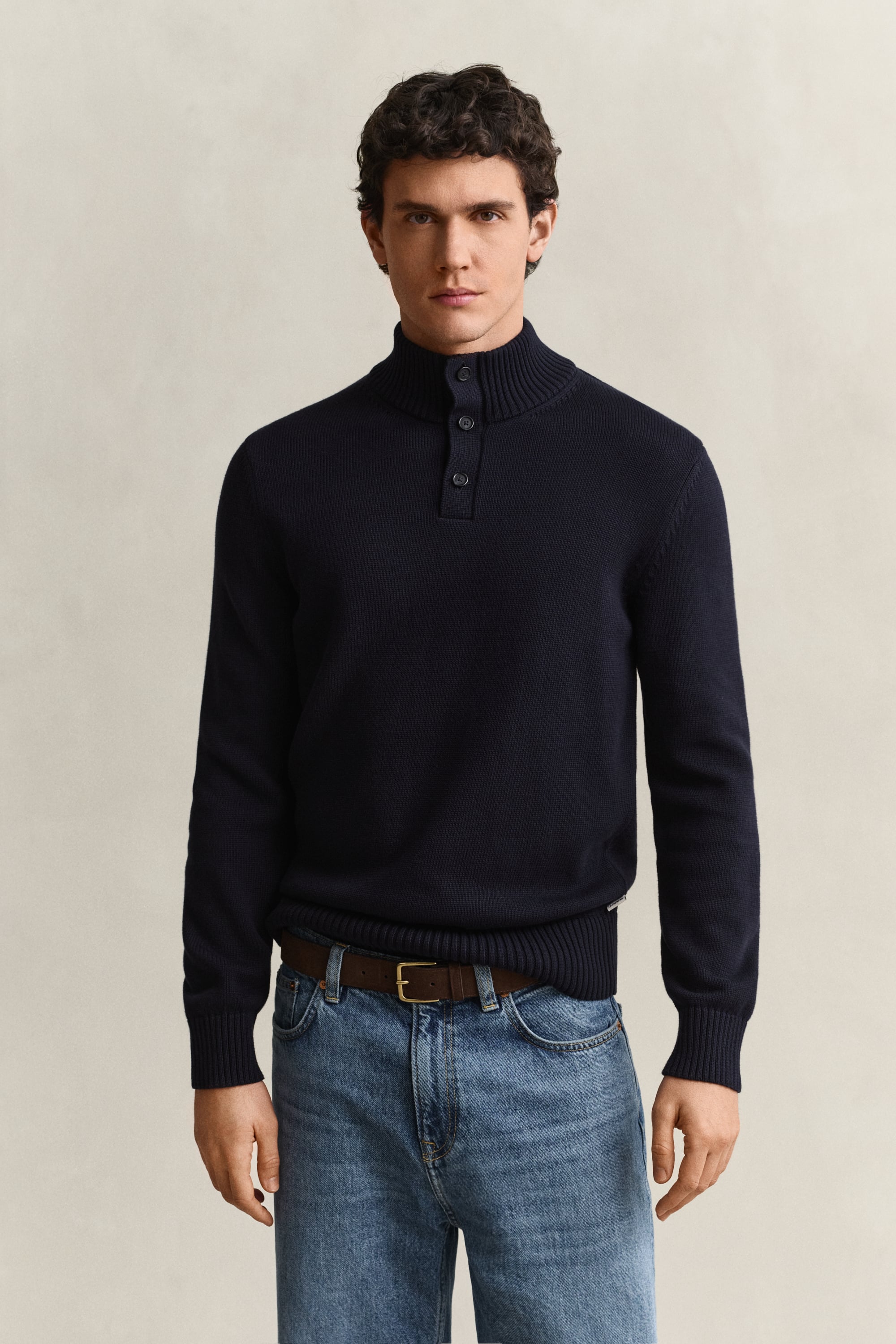 Gant Men's Navy Supima Cotton Buttoned Neck Sweater (Xl) Evening Blue