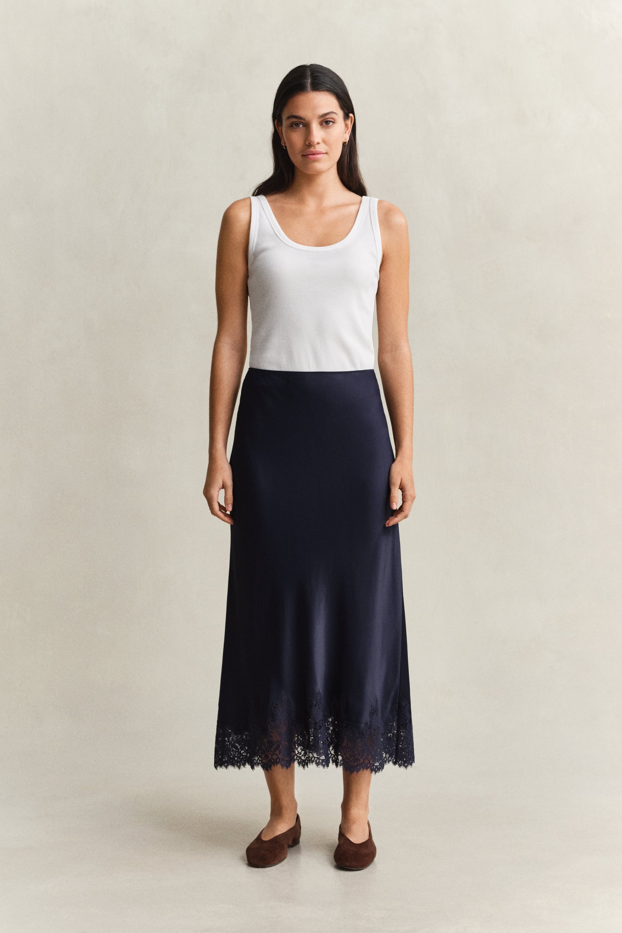 Gant Women's Navy Satin Lace Midi Skirt (46) Evening Blue