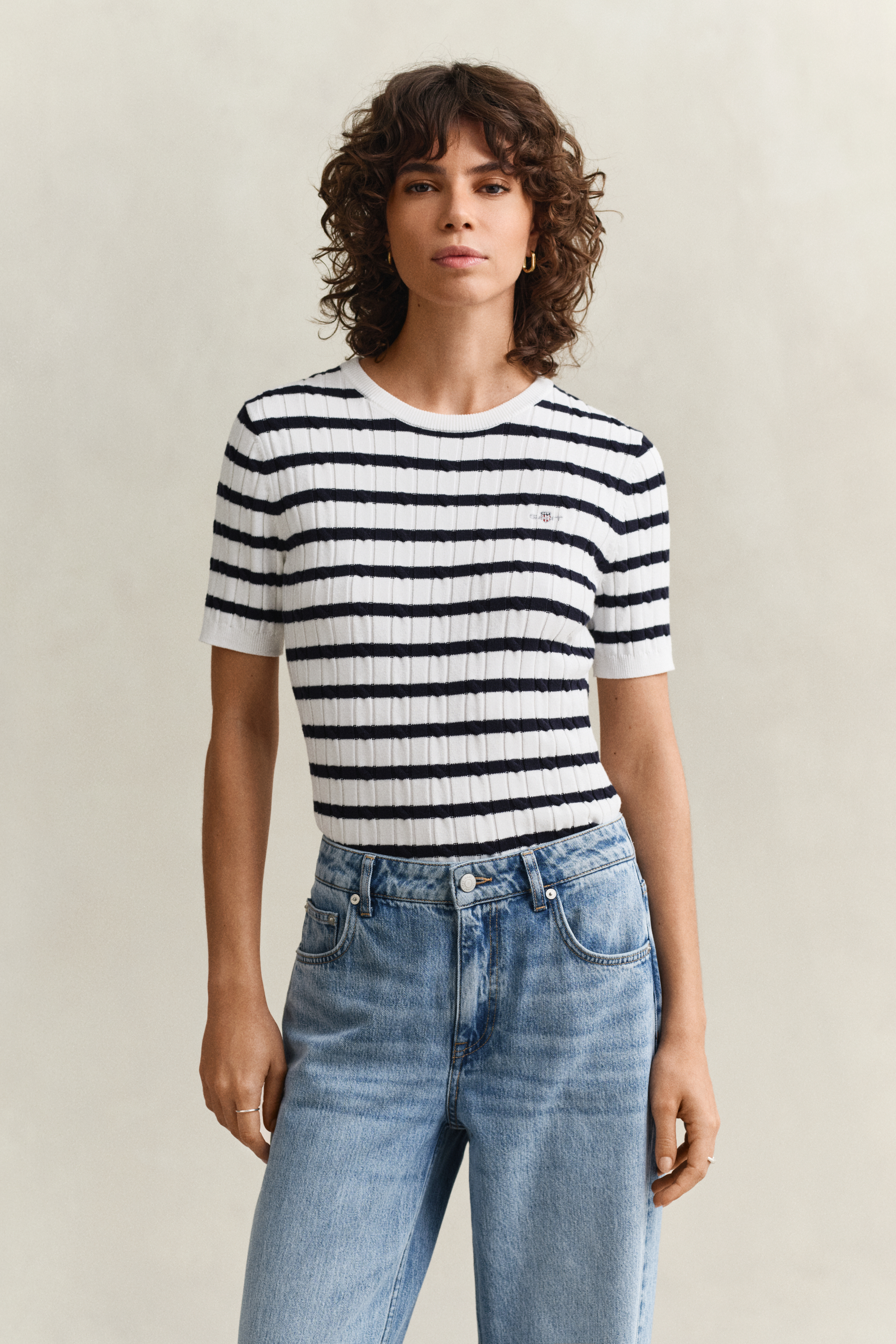 Gant Women's Off White Striped Cable Knit Short Sleeve Sweater (Xs) Eggshell