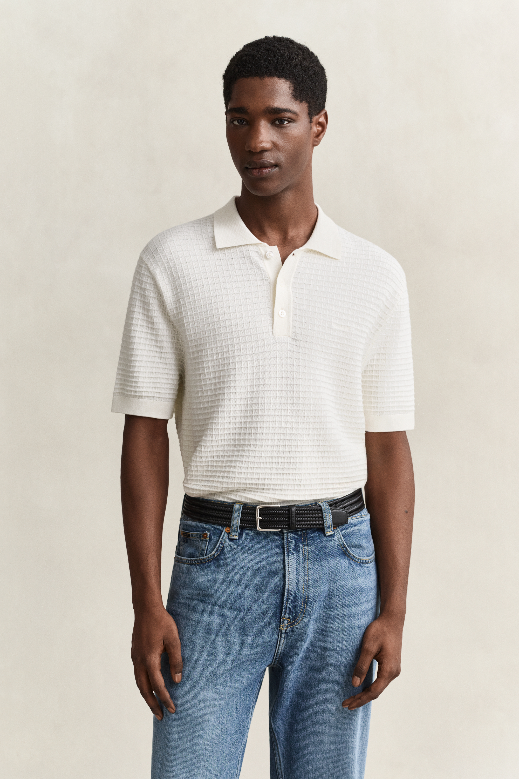 Gant Men's Off White Textured Polo Sweater (Xxl) Eggshell