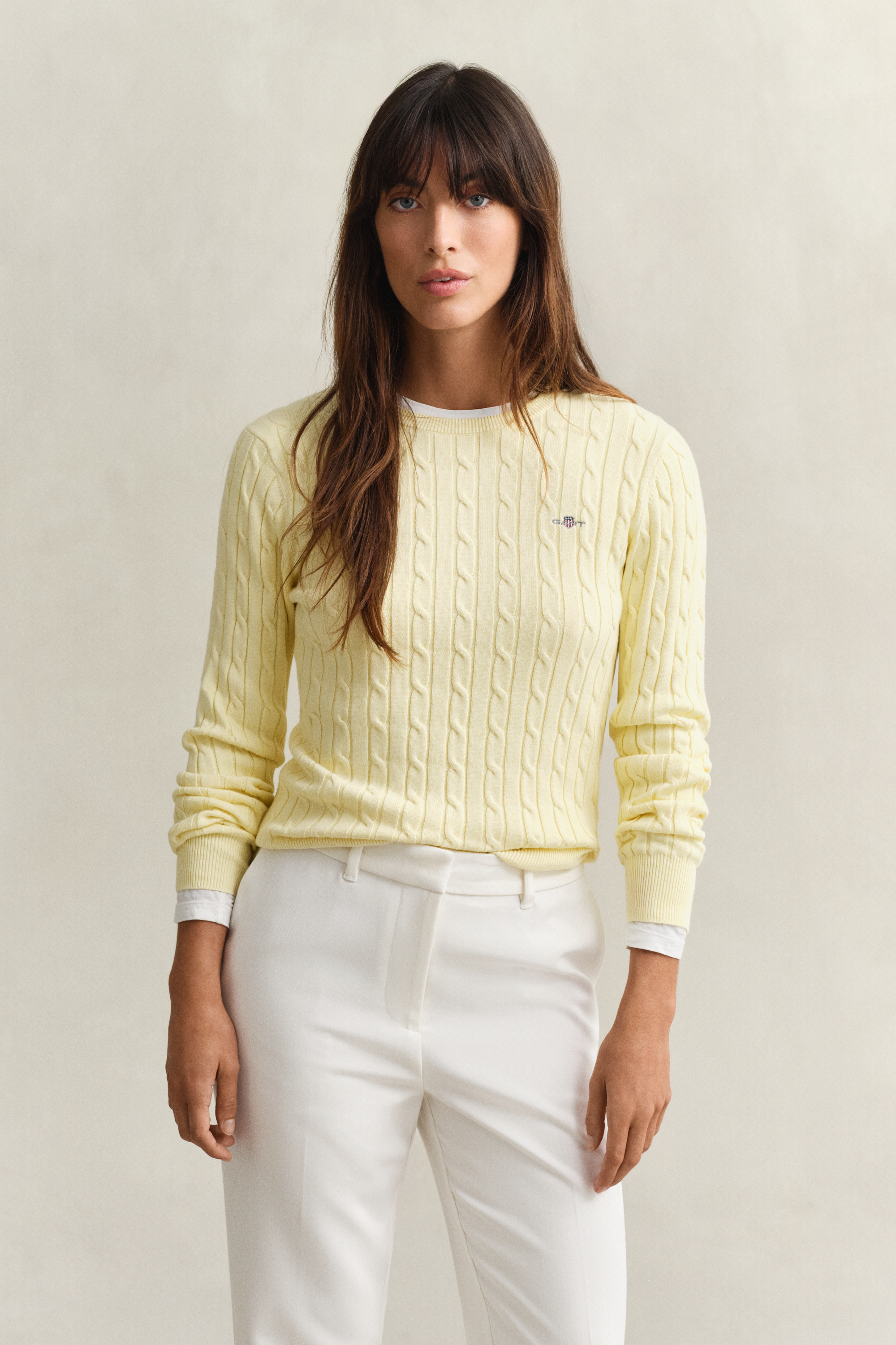 Gant Women's Vanilla Yellow Cable Knit Crew Neck Sweater (Xxl)