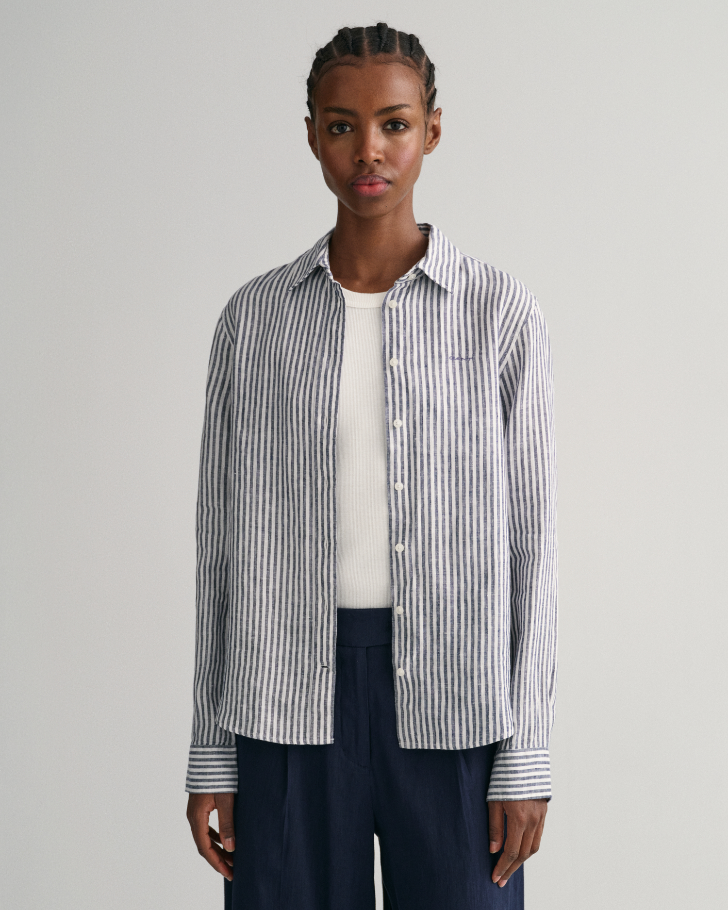 GANT Women Regular Fit Striped Linen Shirt (44) Blue