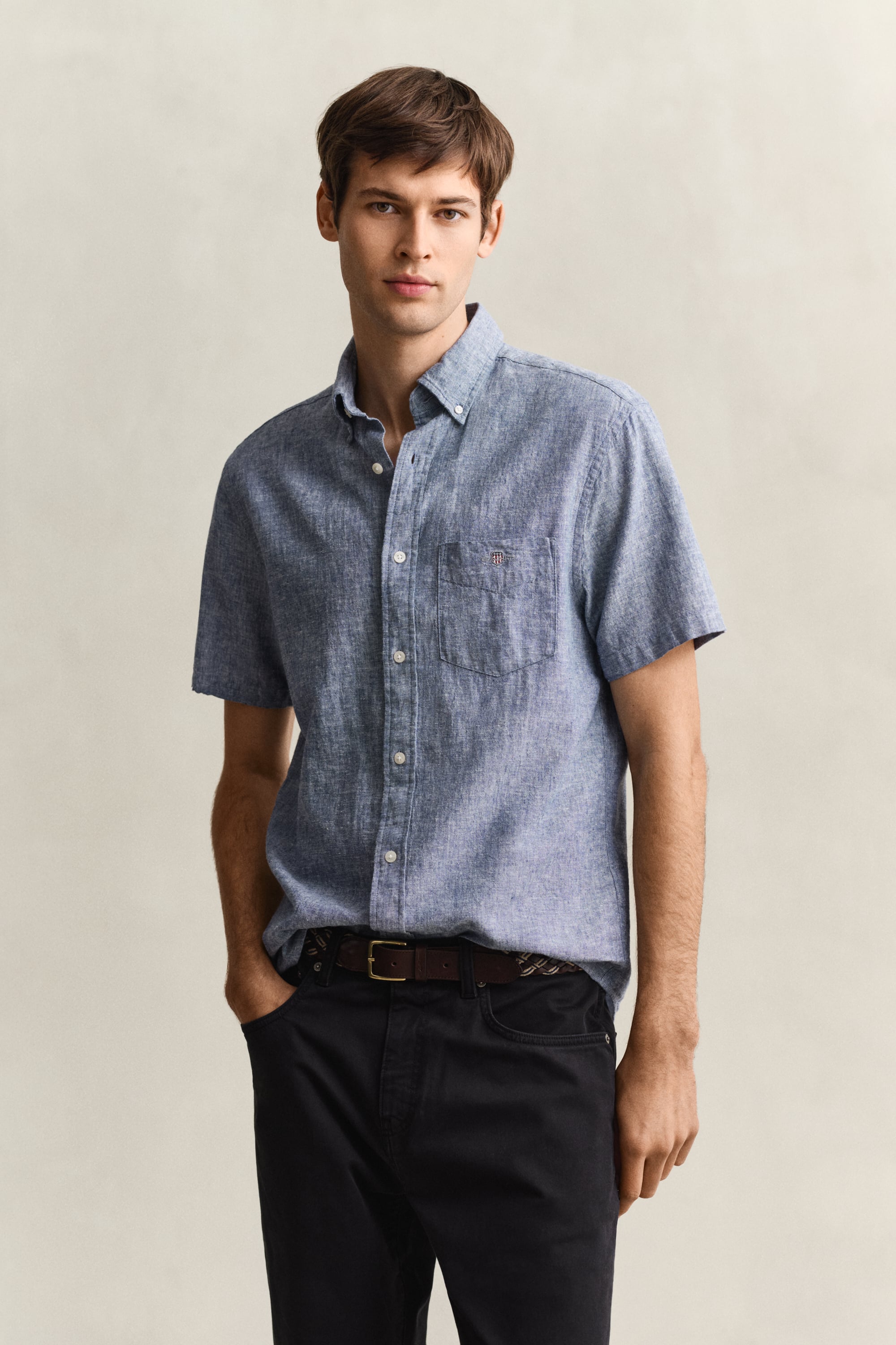 Gant Men's Vintage Blue Linen Blend Short Sleeve Shirt (S)