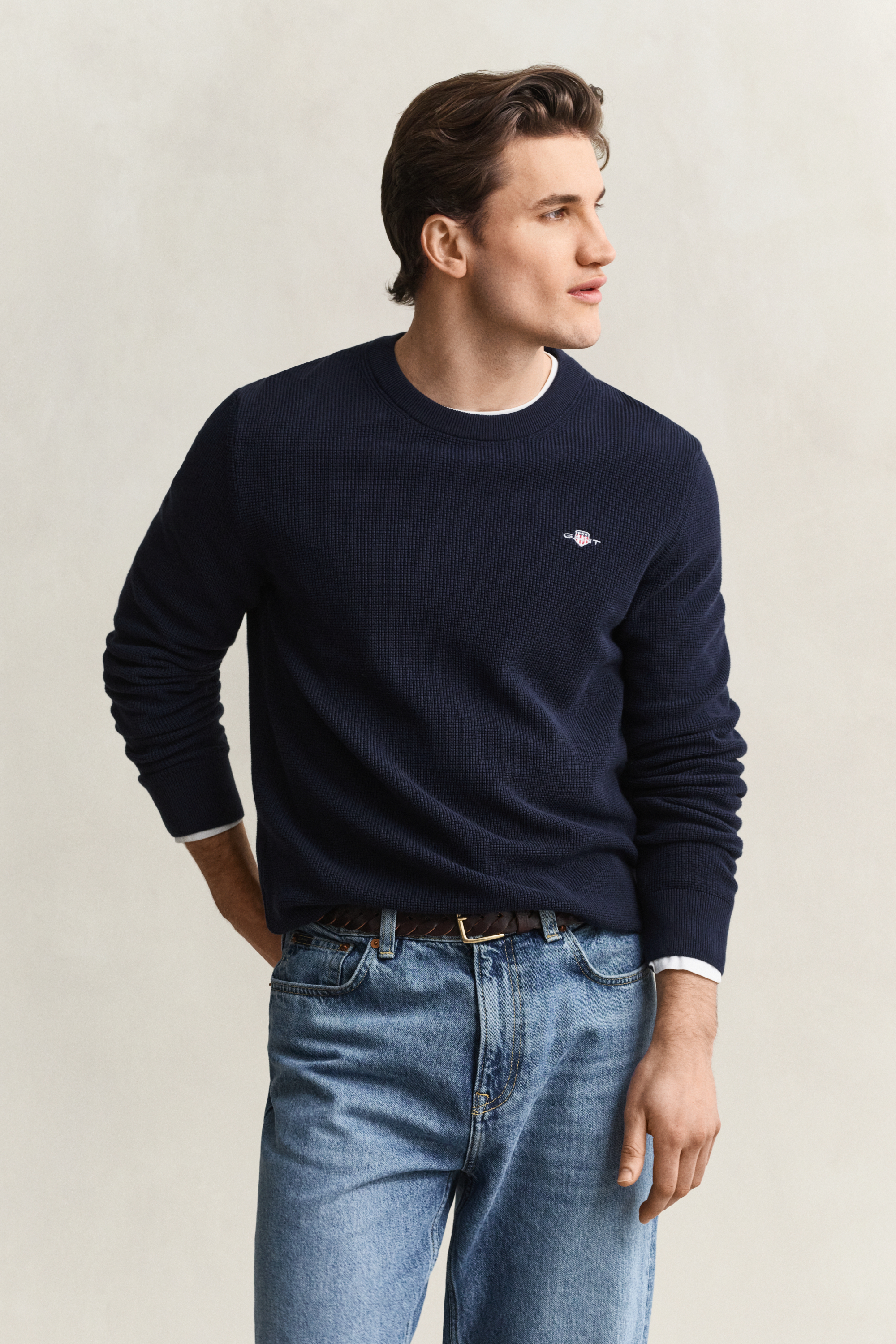 Gant Men's Navy Textured Cotton Crew Neck Sweater (Xxxl) Evening Blue