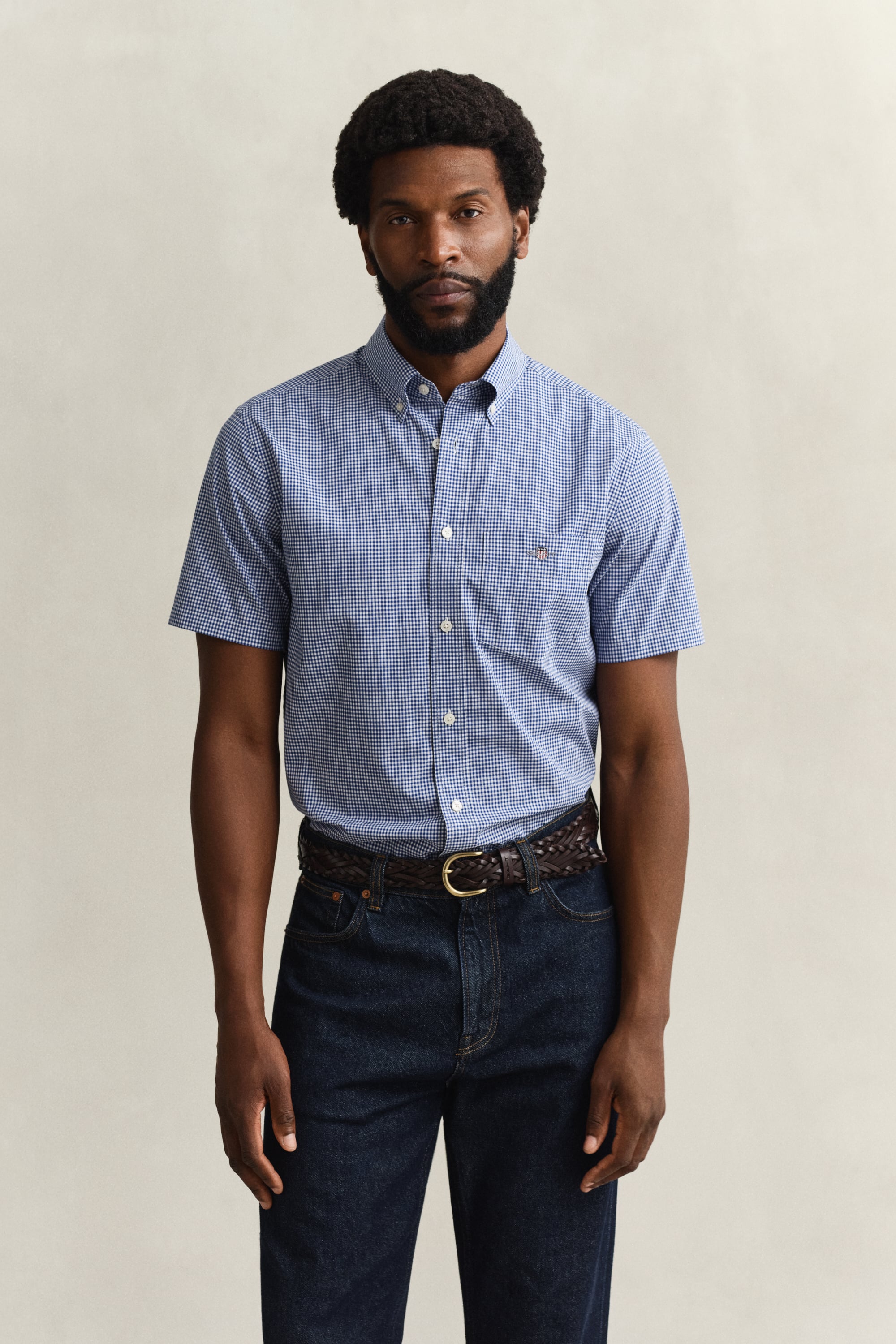 Gant Men's Blue Gingham Classic Poplin Short Sleeve Shirt (L) College