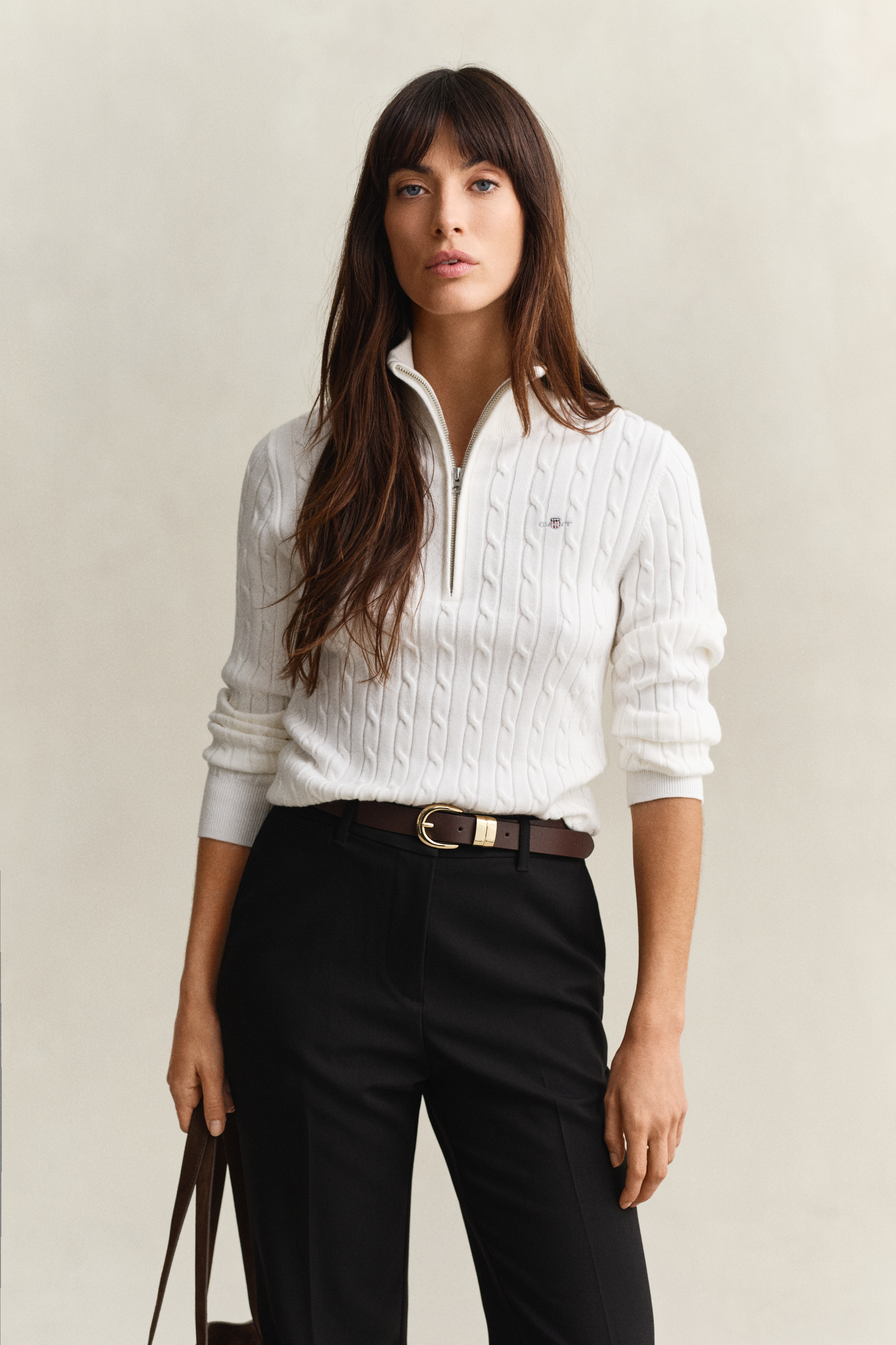 Gant Women's Off White Cable Knit Half-Zip Sweater (Xs) Eggshell