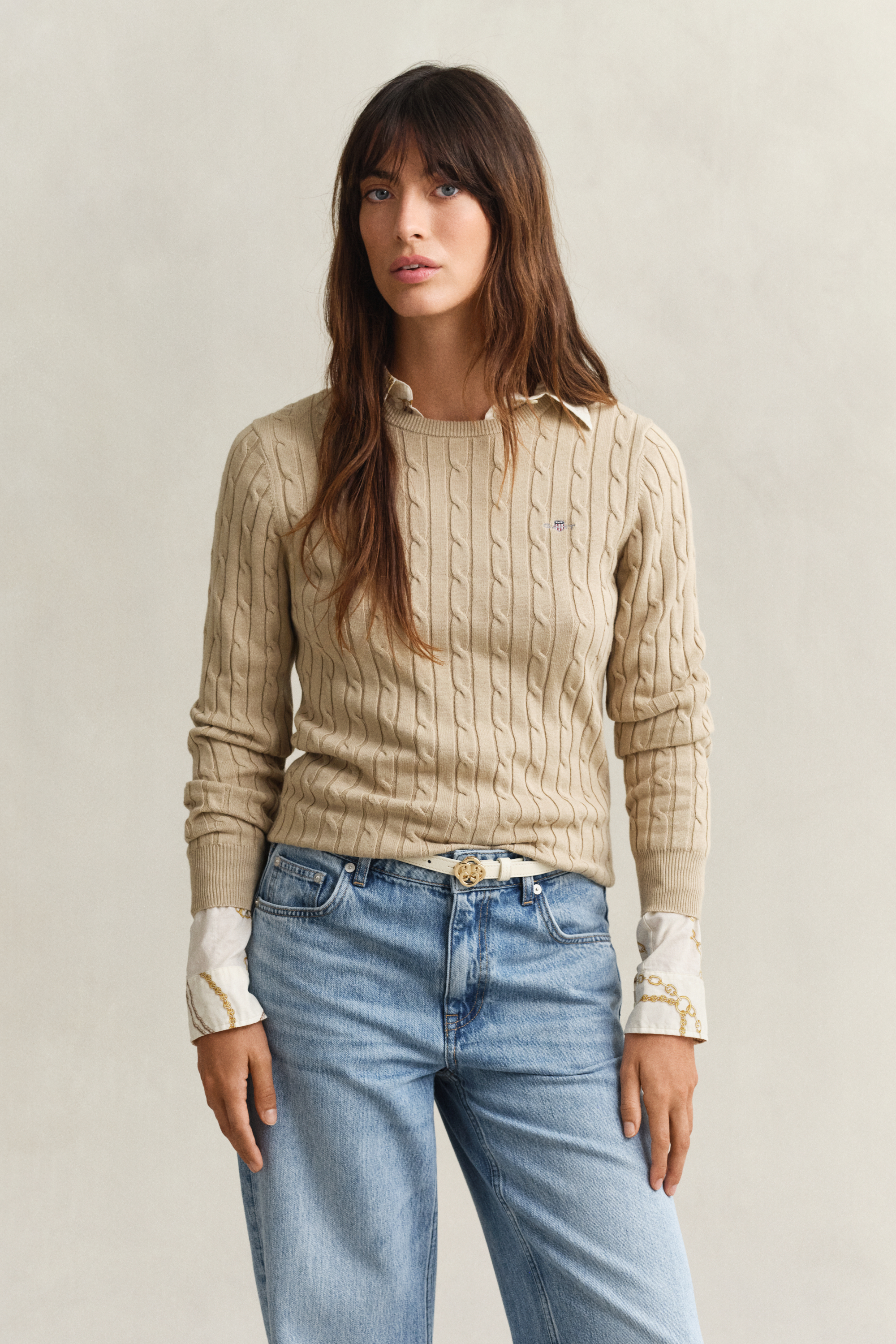 Gant Women's Oat Beige Cable Knit Crew Neck Sweater (Xxl)