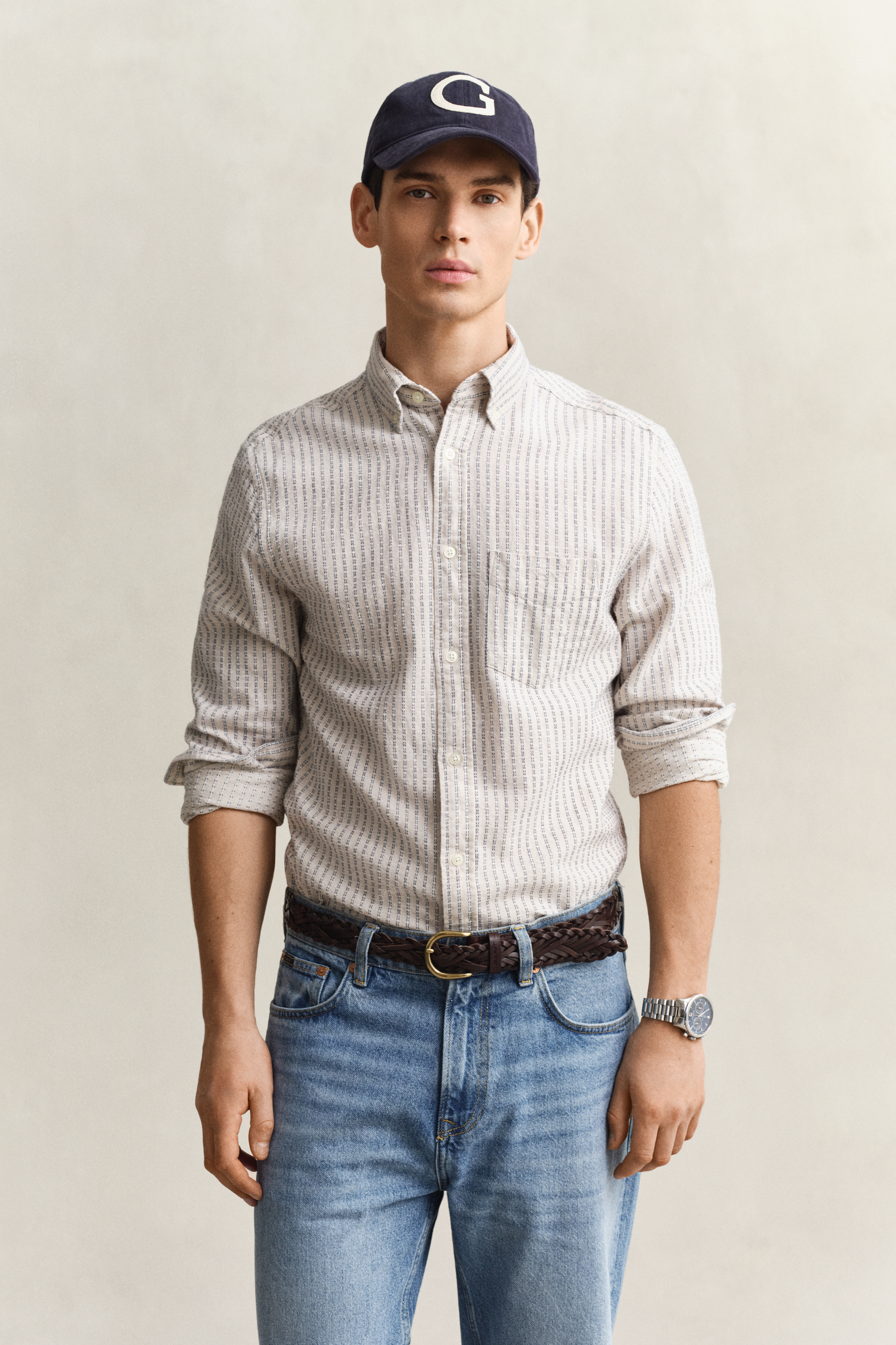 Gant Men's Faded Beige Striped Linen Blend Shirt (Xl)