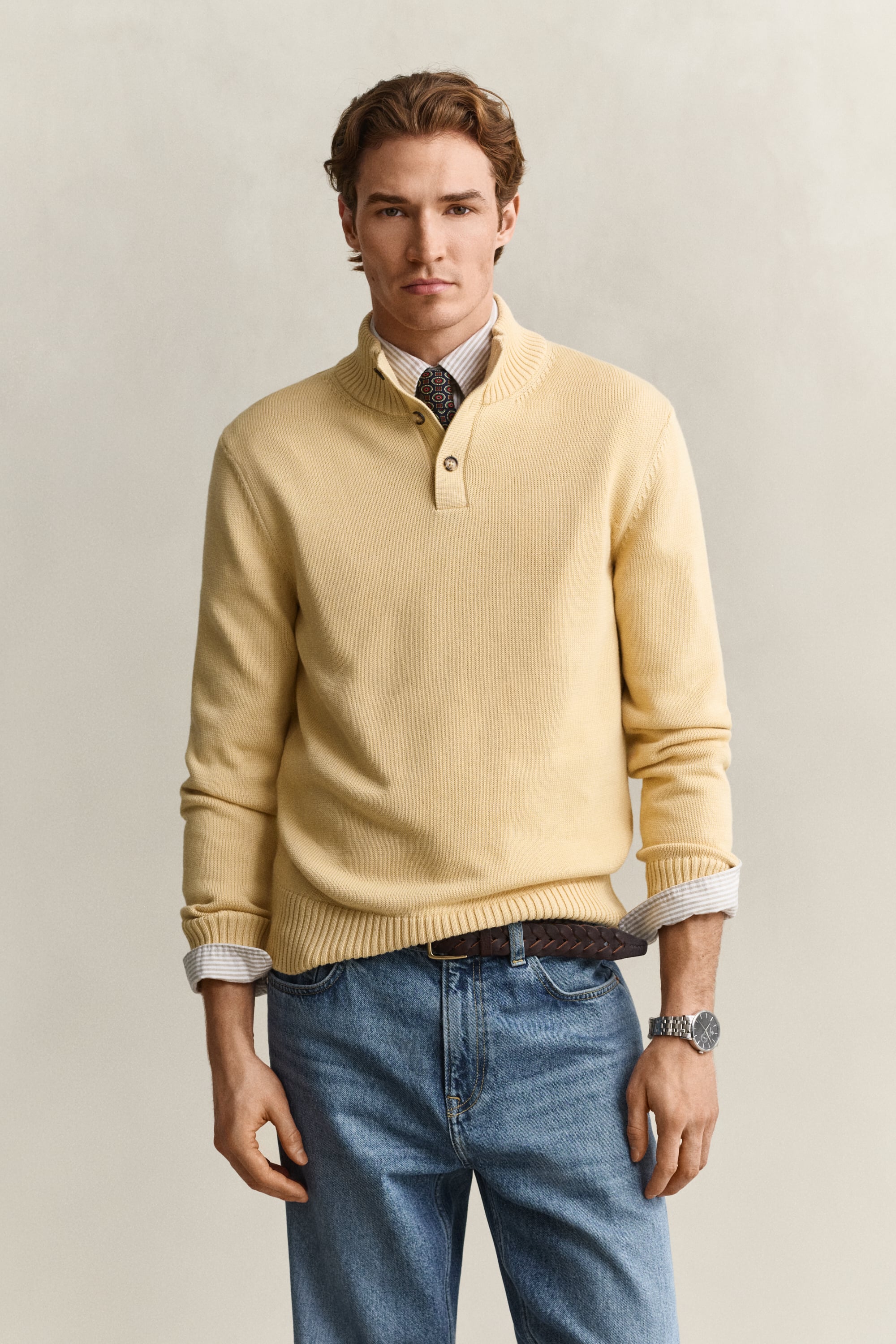 Gant Men's Mild Yellow Supima Cotton Buttoned Neck Sweater (Xl)