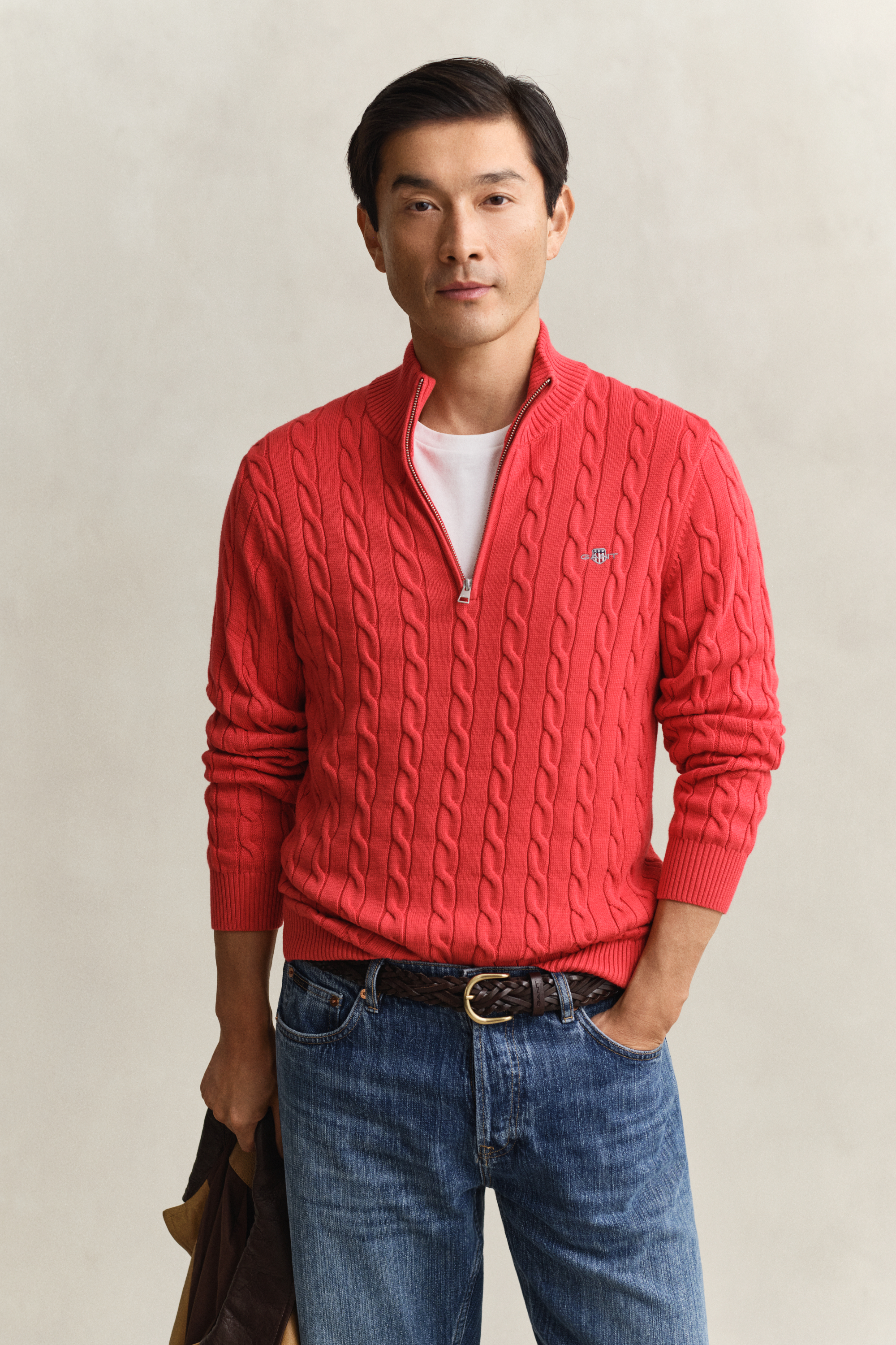 Gant Men's Rose Red Cotton Cable Knit Half-Zip Sweater (Xxl)