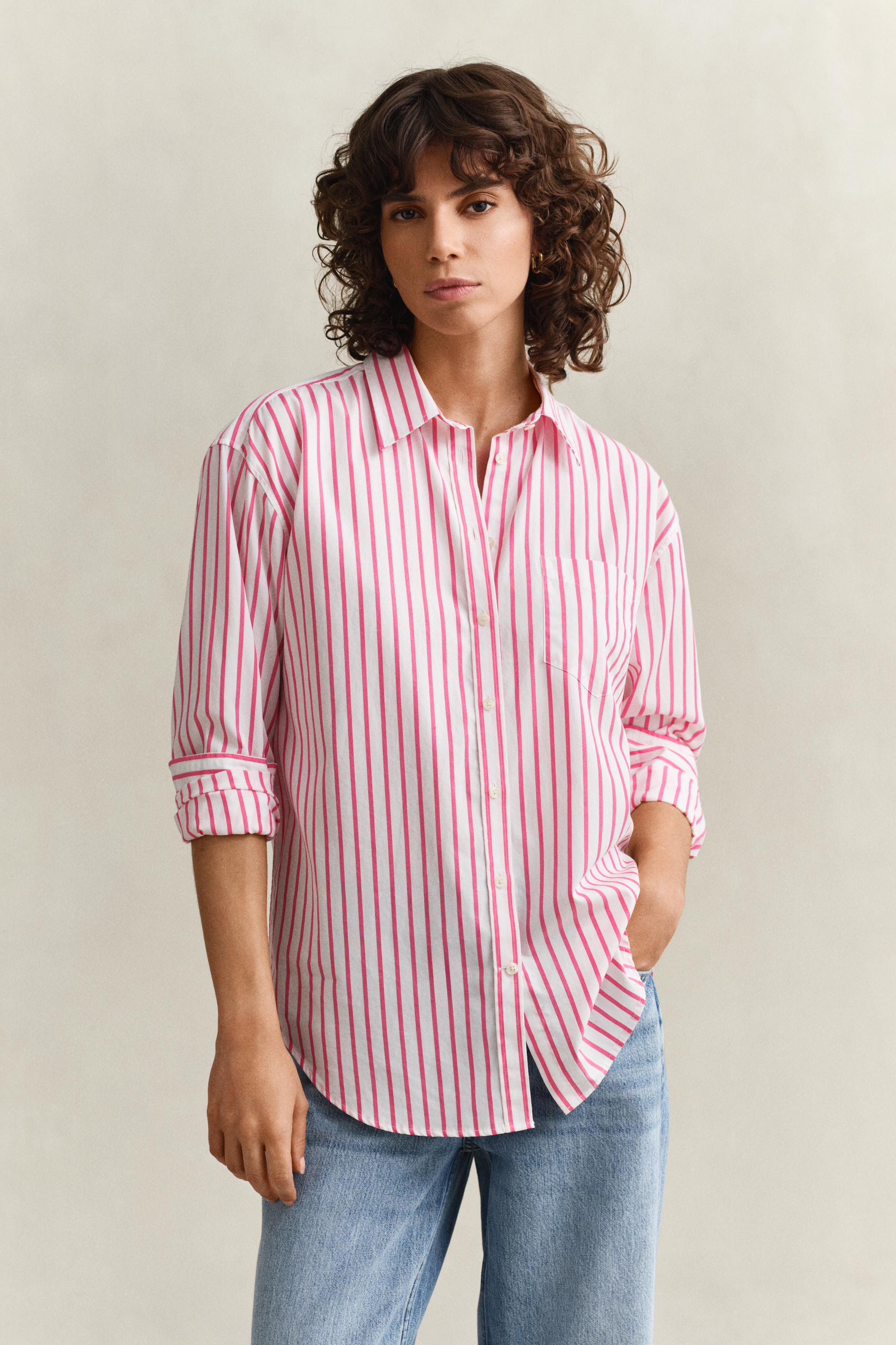 Gant Women's Bright Fuschia Relaxed Fit Classic Striped Poplin Shirt (46)