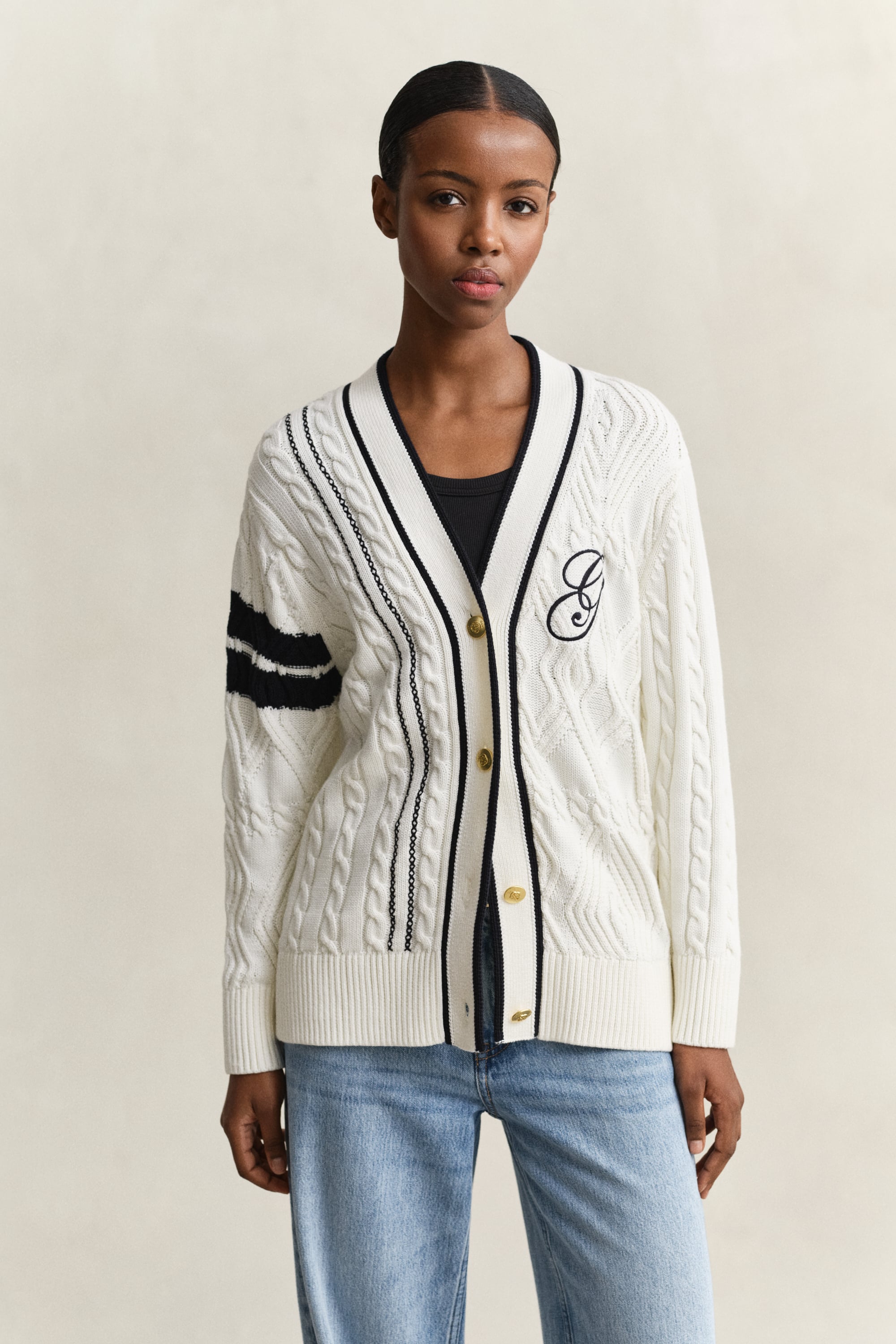 Gant Women's Off White Varsity Cable Knit Cardigan (Xl) Eggshell