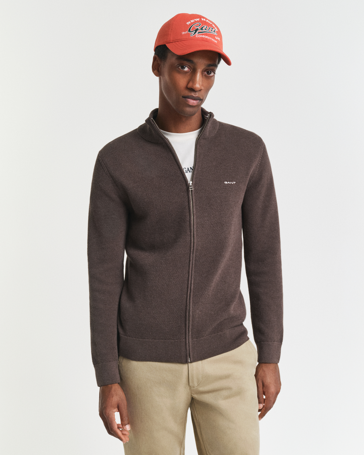Gant Men's Brown Cotton Piqué Zip Cardigan (Xxl) Melange