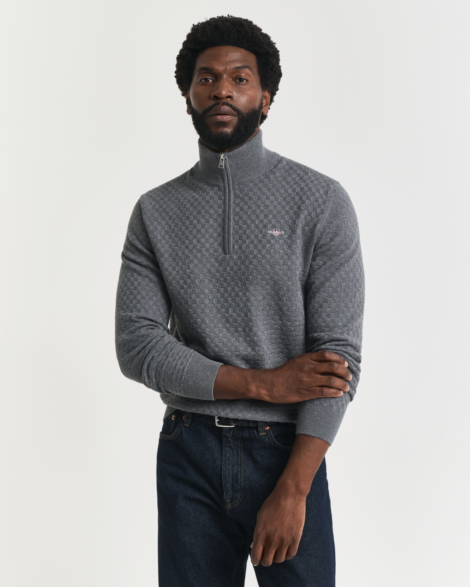 Gant Men's Dark/Grey Micro Textured Half-Zip Sweater (Xxl)