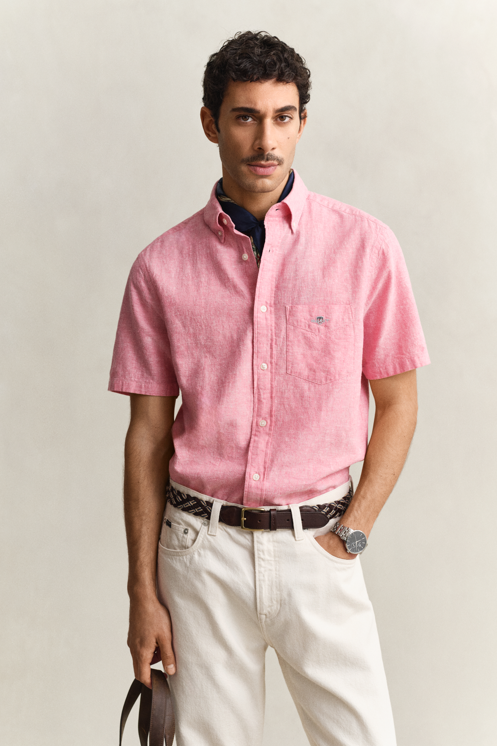 Gant Men's Rose Pink Linen Blend Short Sleeve Shirt (L)