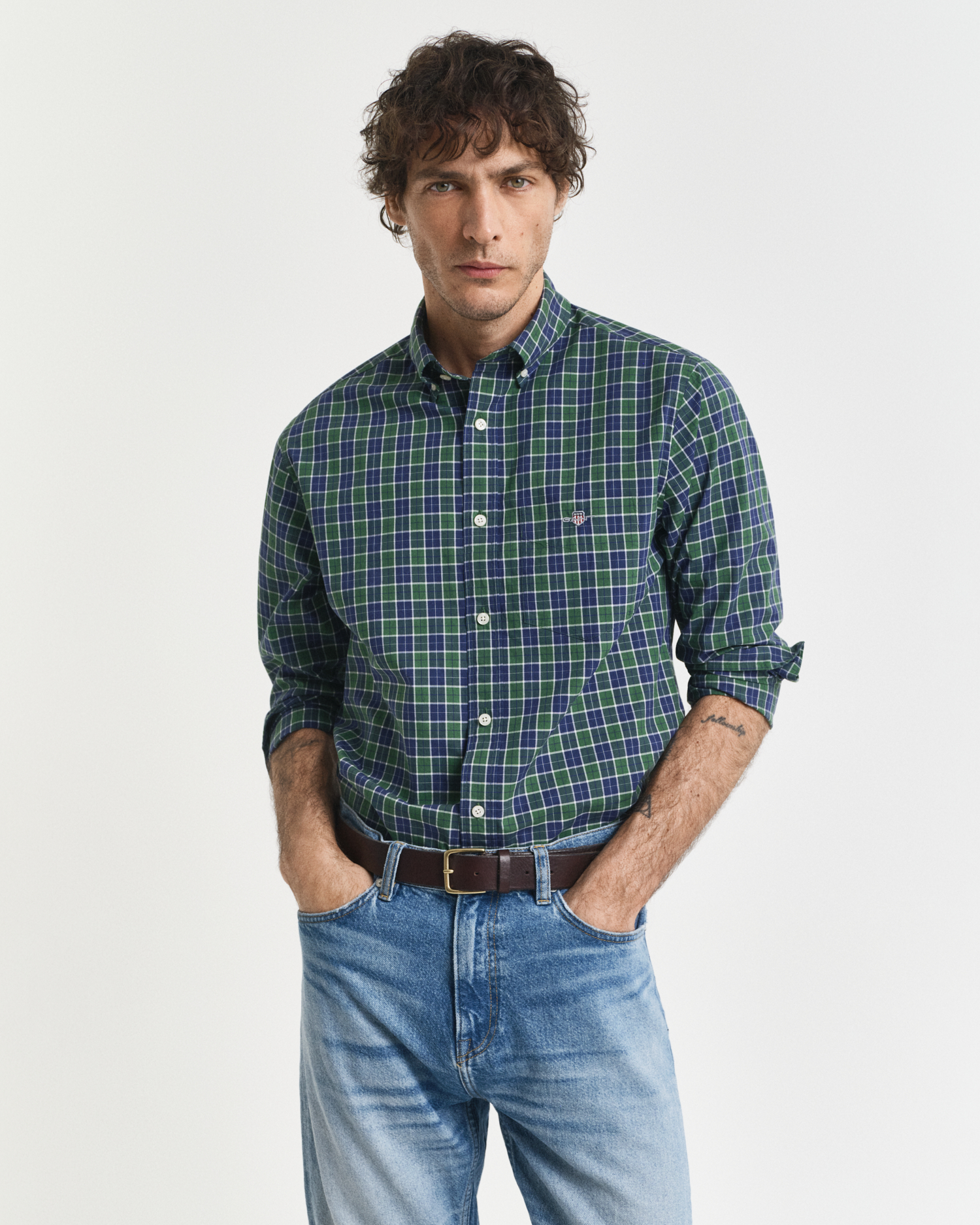 Gant Men's Green Regular Fit Checked Classic Poplin Shirt (L) Large