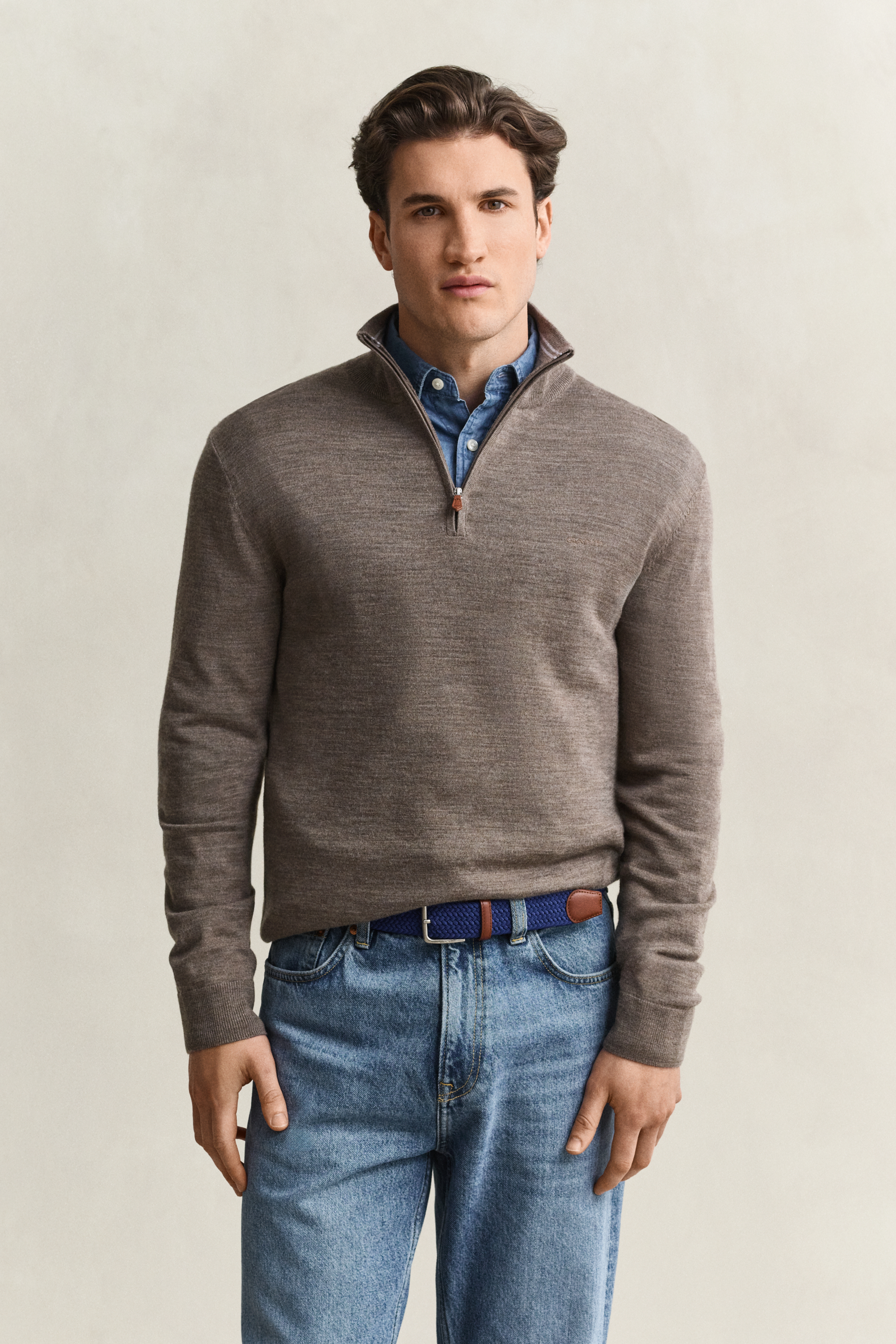Gant Men's Dk Hazelnut Melange Merino Wool Half-Zip Sweater (M)
