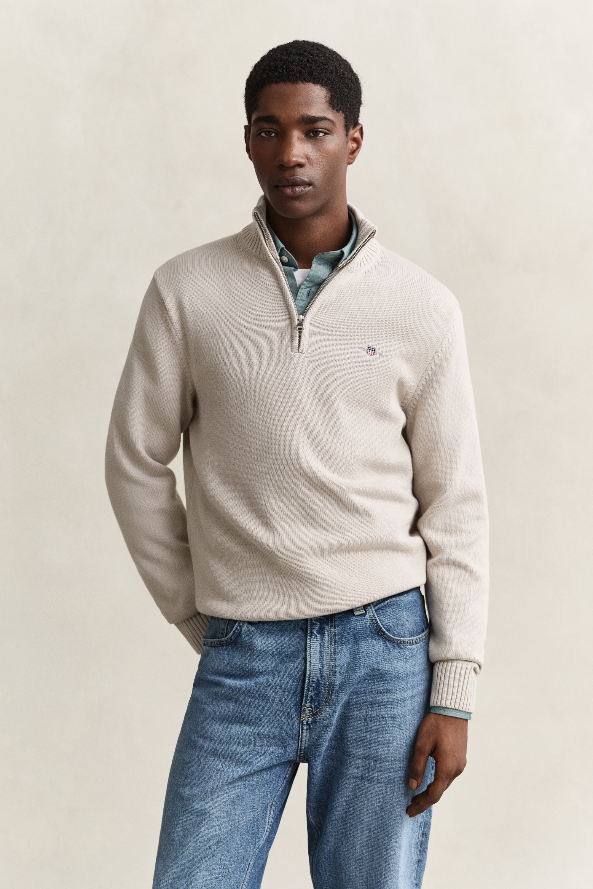 Gant Men's Clay Beige Casual Cotton Half-Zip Sweater (Xxxl)