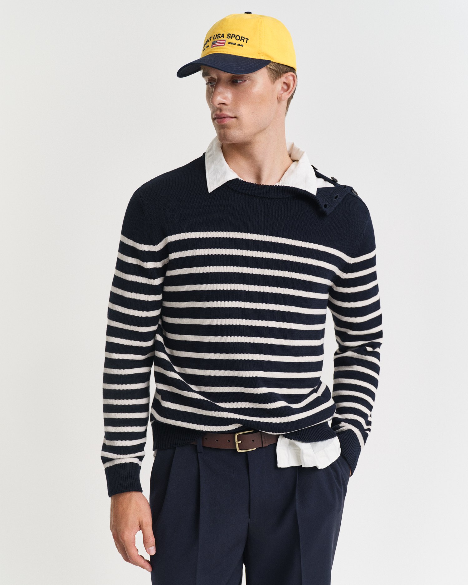 Gant Men's Blue Striped Cotton Crew Neck Sweater (L)