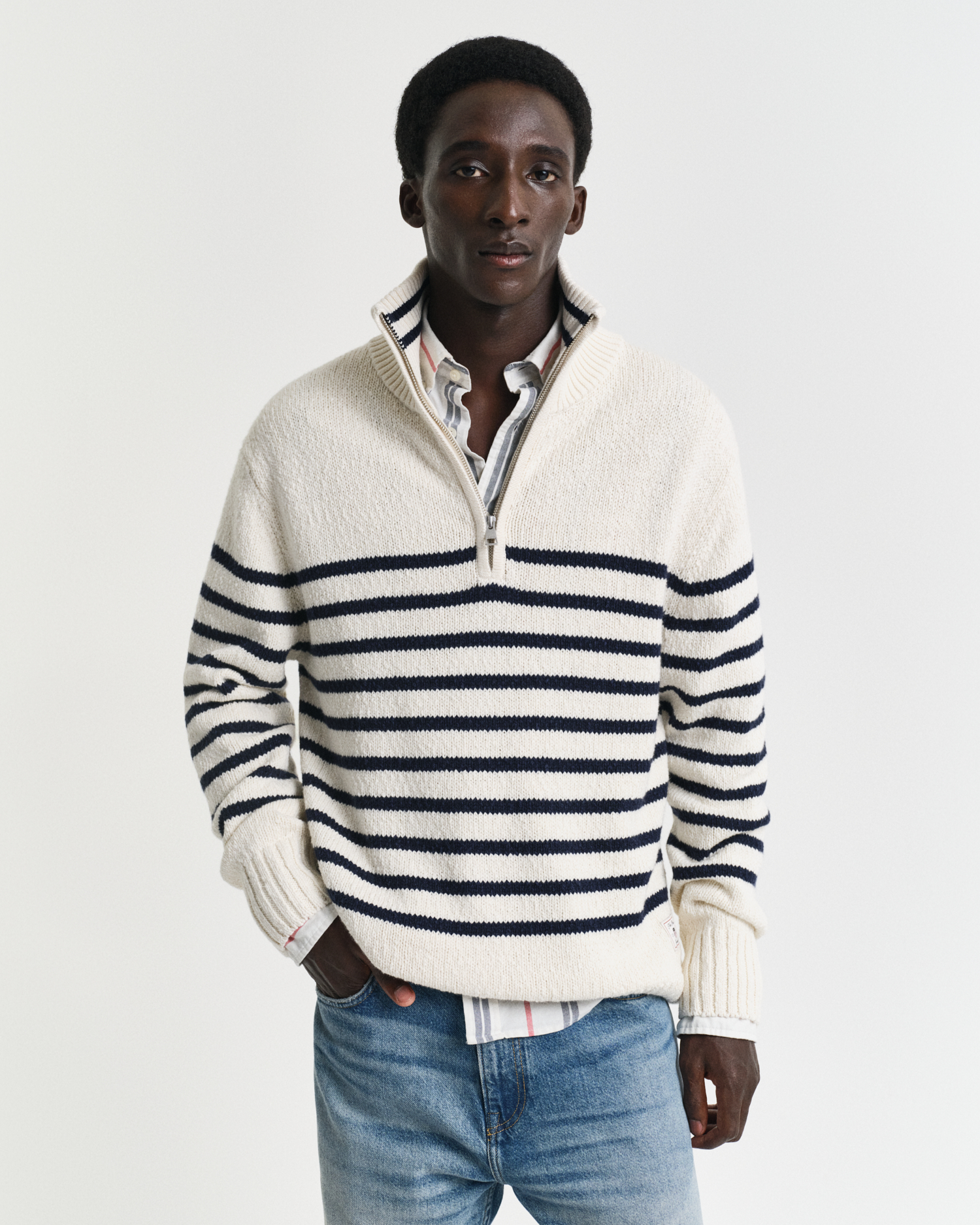 Gant Men's Cream Striped Slub Cotton Half-Zip Sweater (M) Medium