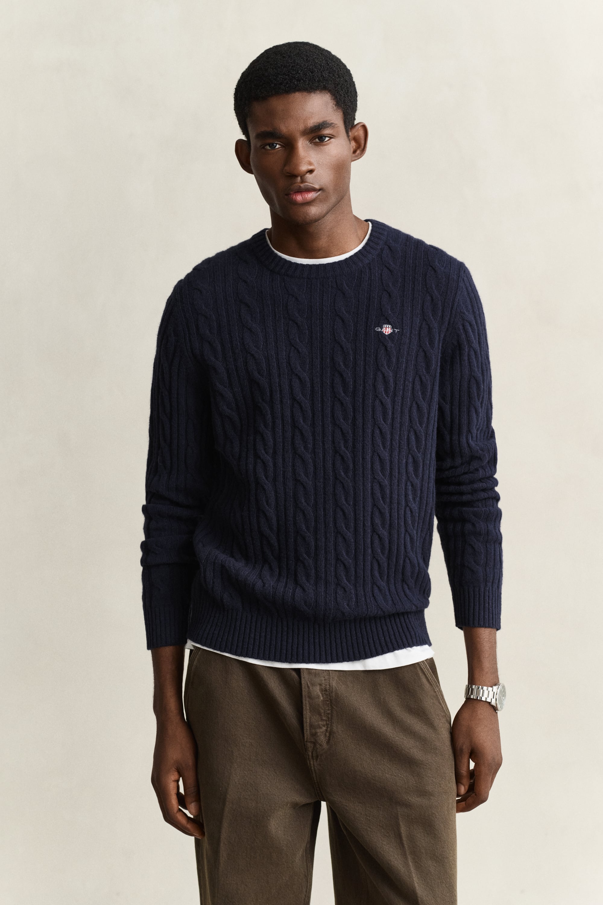 Gant Men's Blue Cable Knit Crew Neck Jumper In Evening Lambswool - Image 3