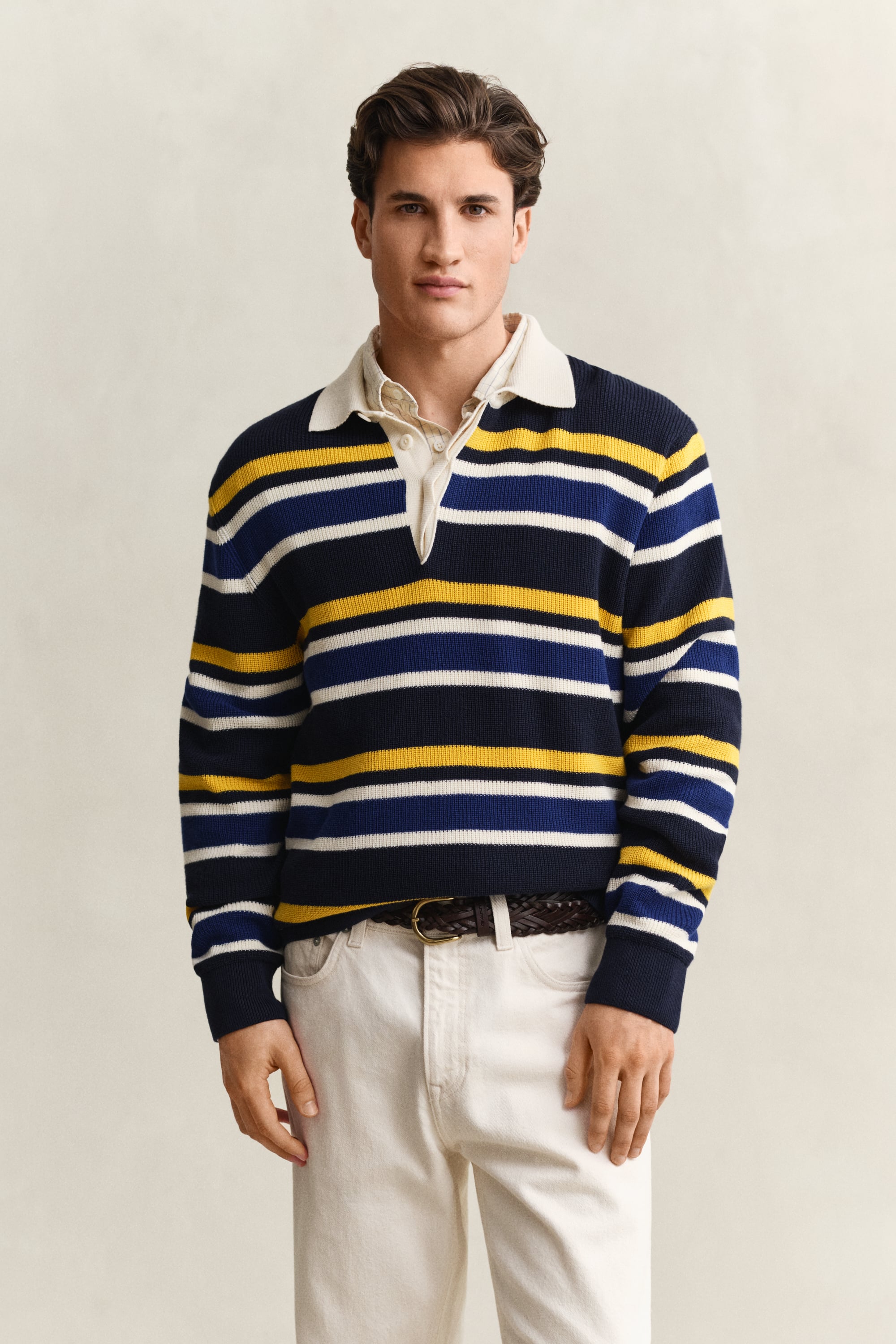 Gant Men's Navy Striped Rib Polo Sweater (Xxxl) Evening Blue