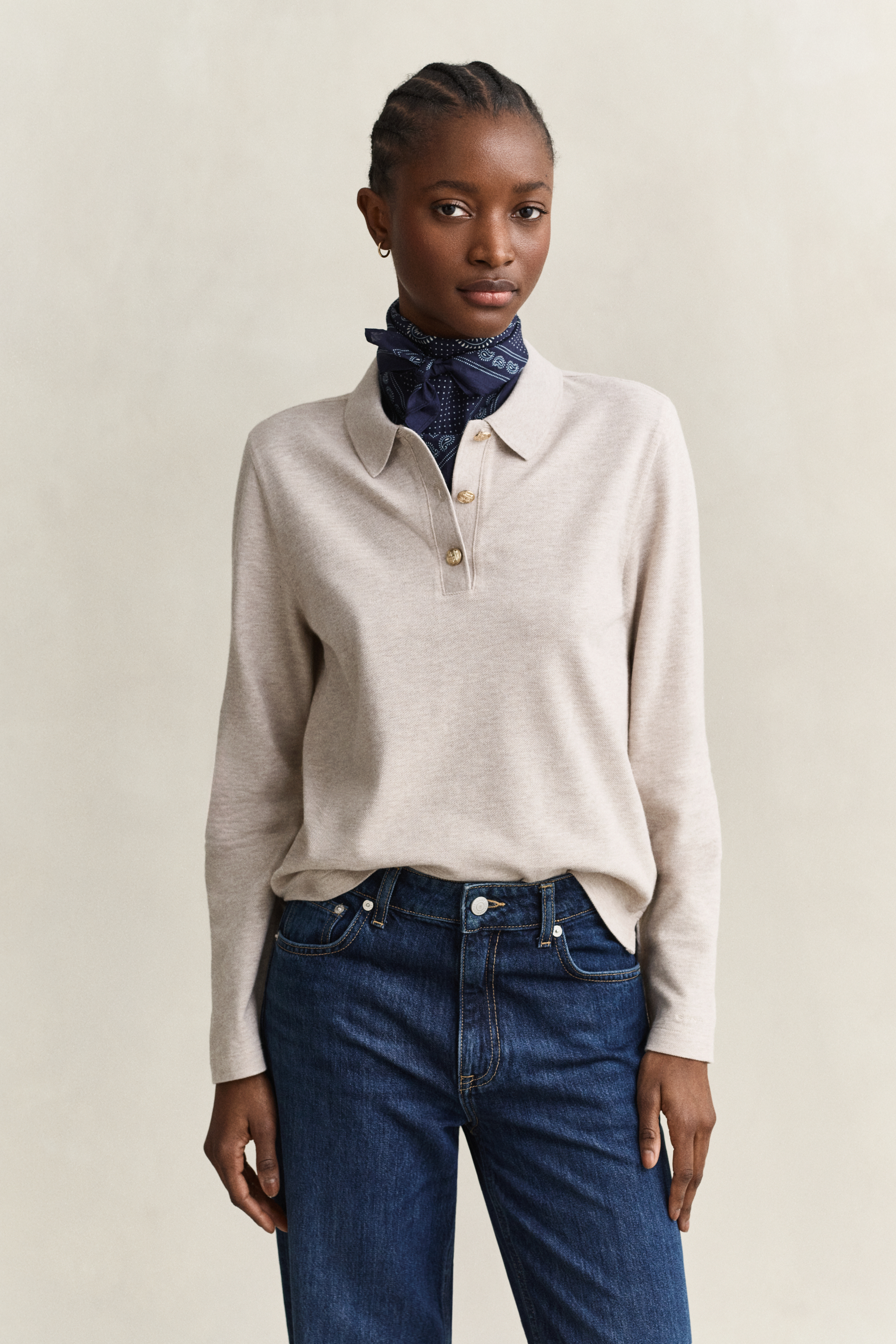 Gant Women's Beige Piqué Polo Long Sleeve Top (Xs) Light Melange