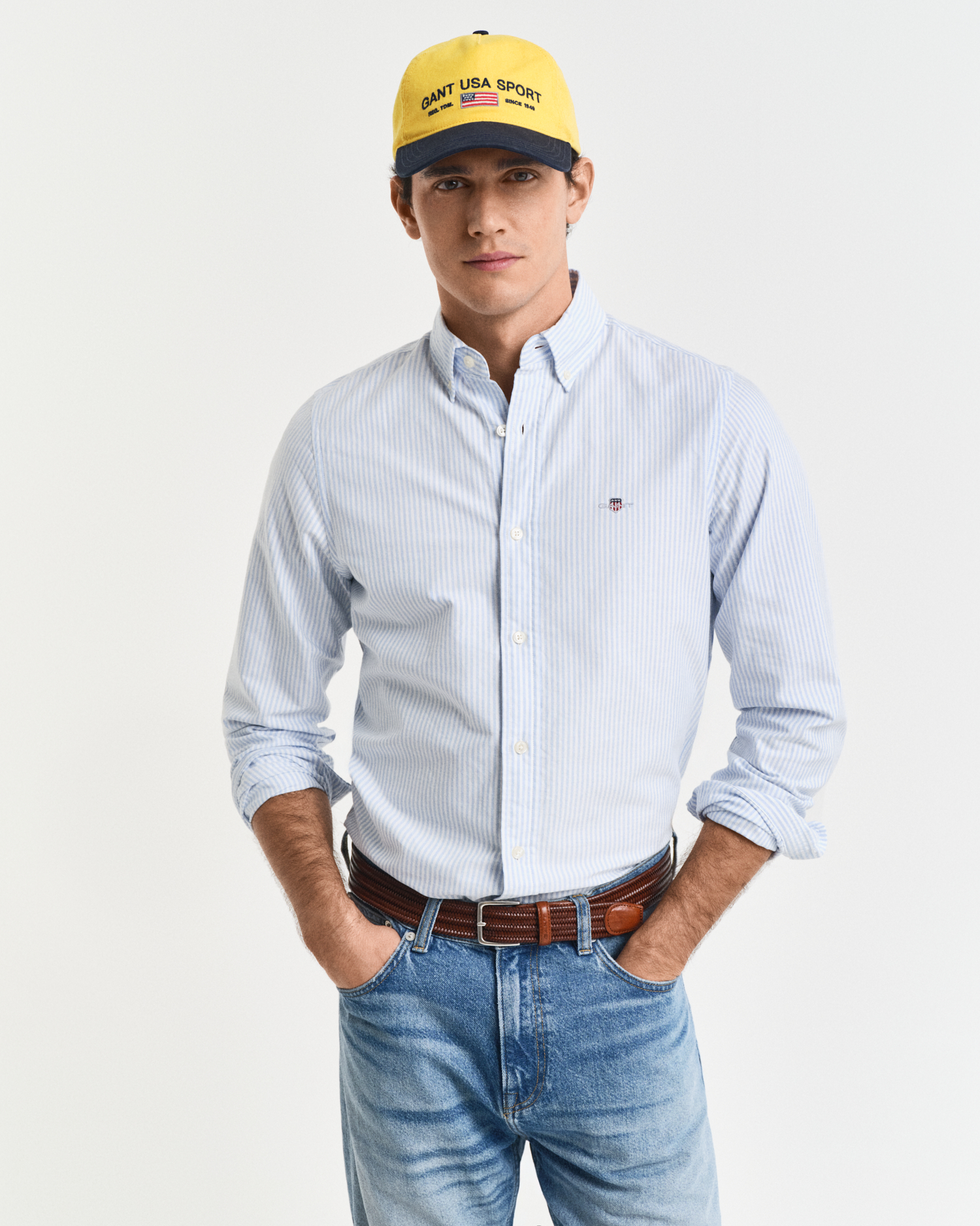 Gant Men's Light/Blue Slim Fit Banker Stripe Classic Oxford Shirt ) Xxl