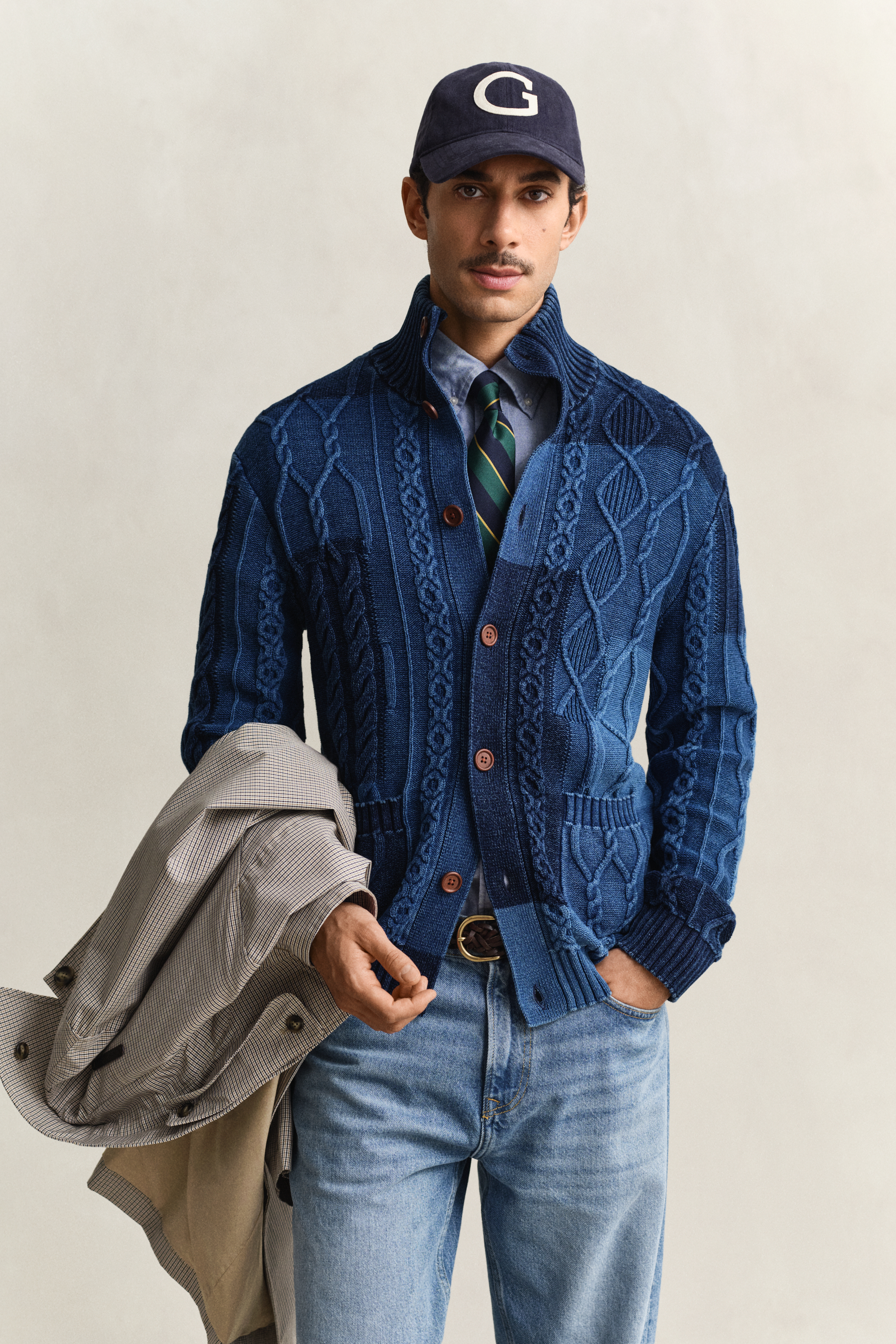 Gant Men's Navy Cable Knit Patchwork Cardigan (Xxl) Rich