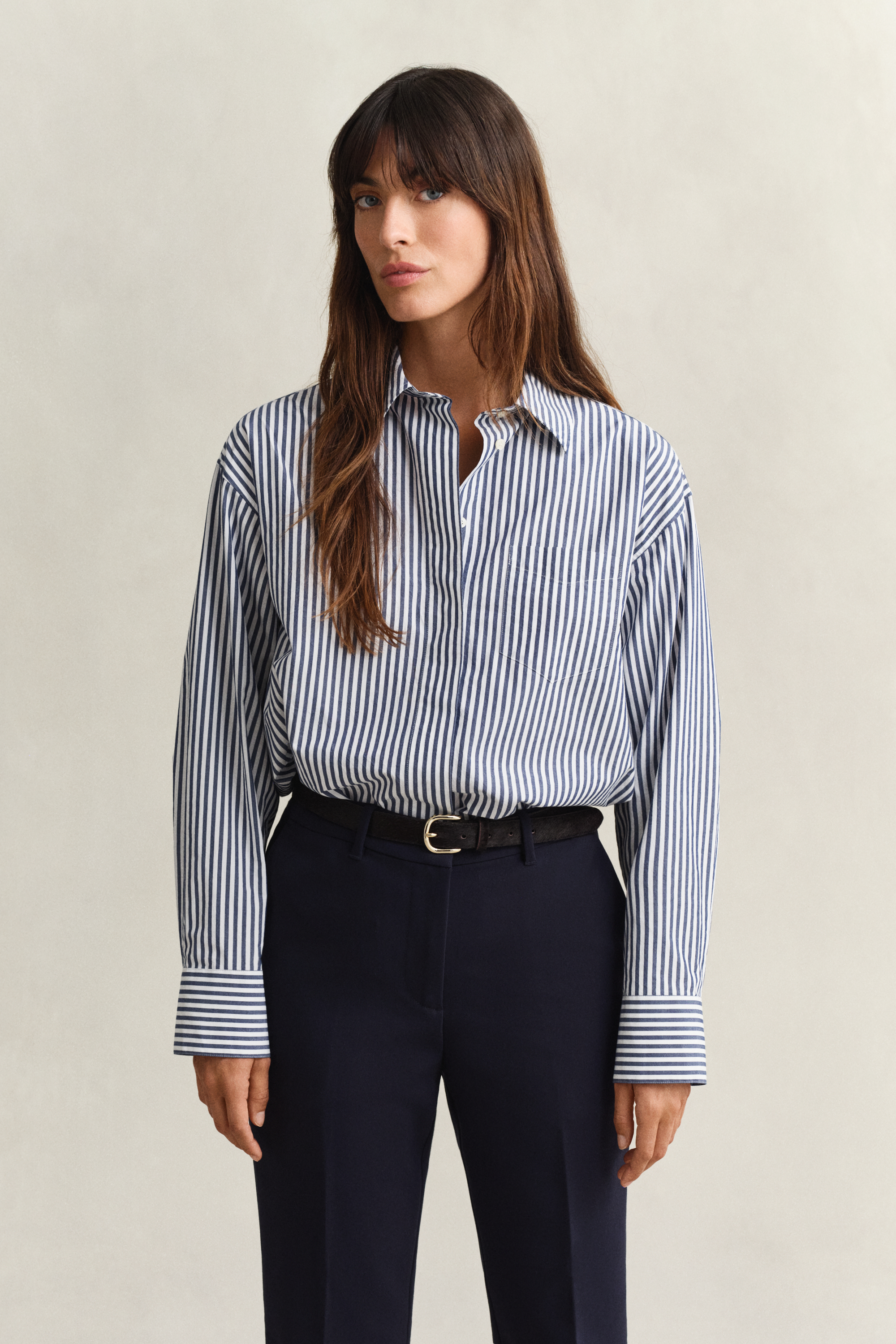 Gant Women's Navy Striped Poplin Shirt (44) Rich