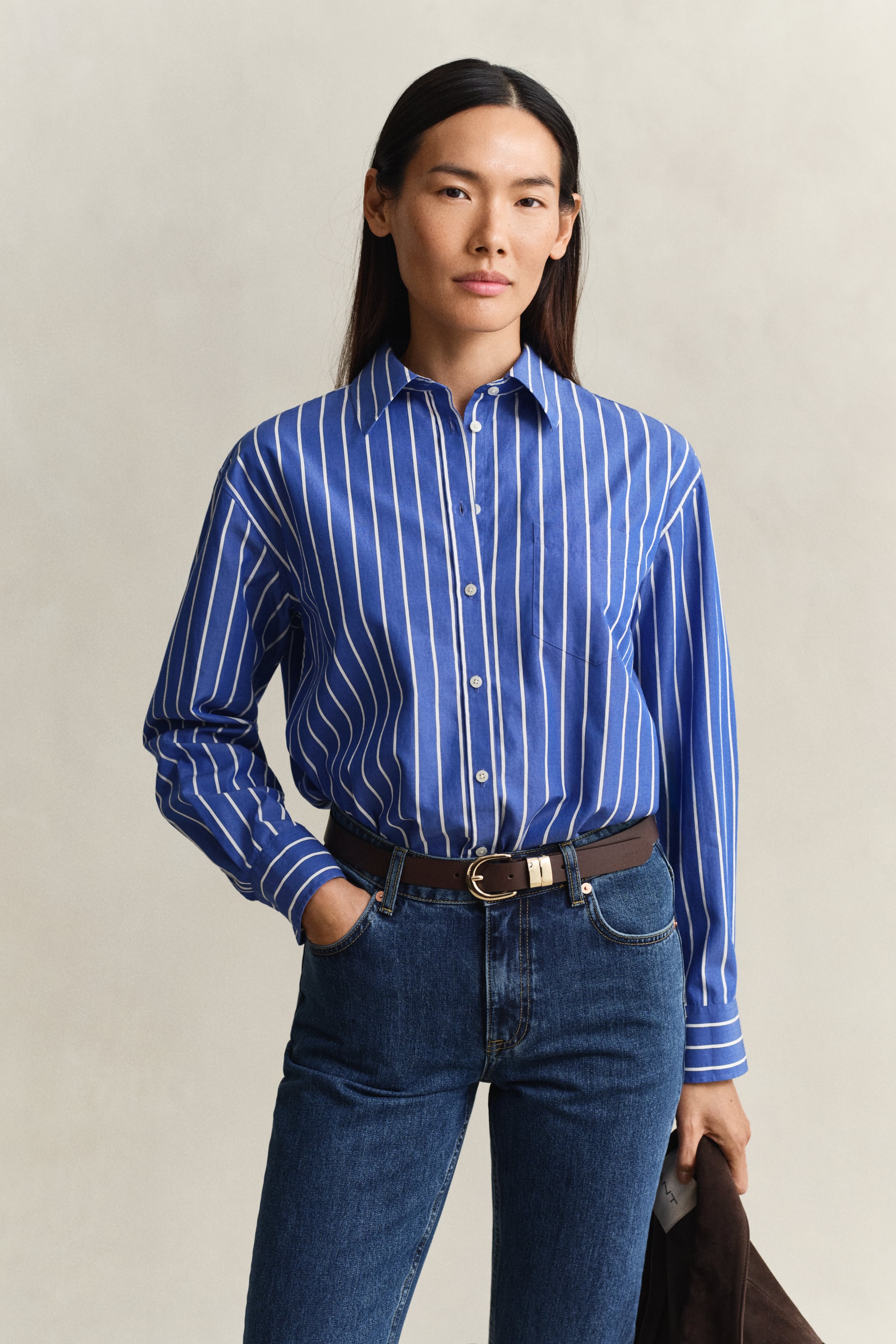 Gant Women's Royal Blue Relaxed Fit Classic Striped Poplin Shirt (36)