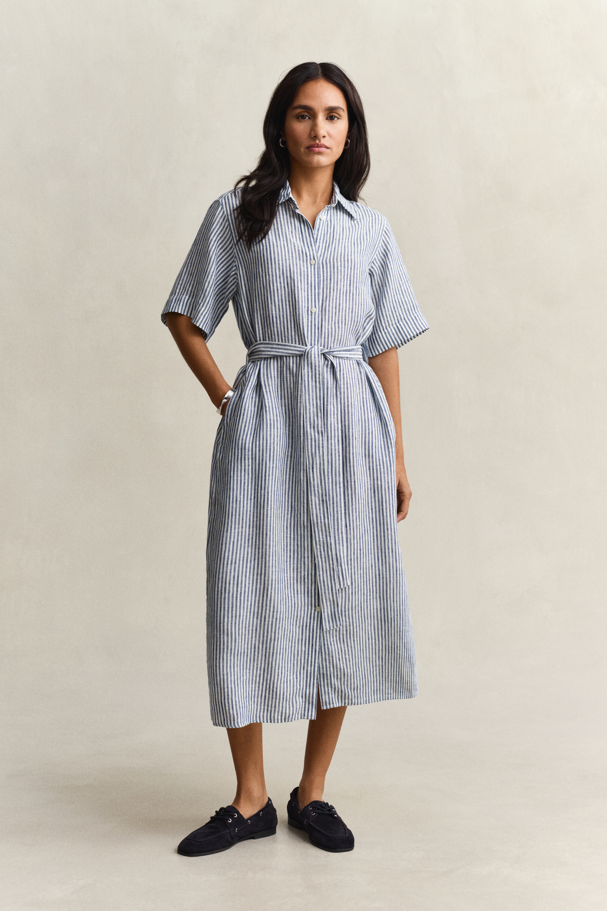 Gant Women's Navy Striped Linen Shirt Dress (34) Evening Blue
