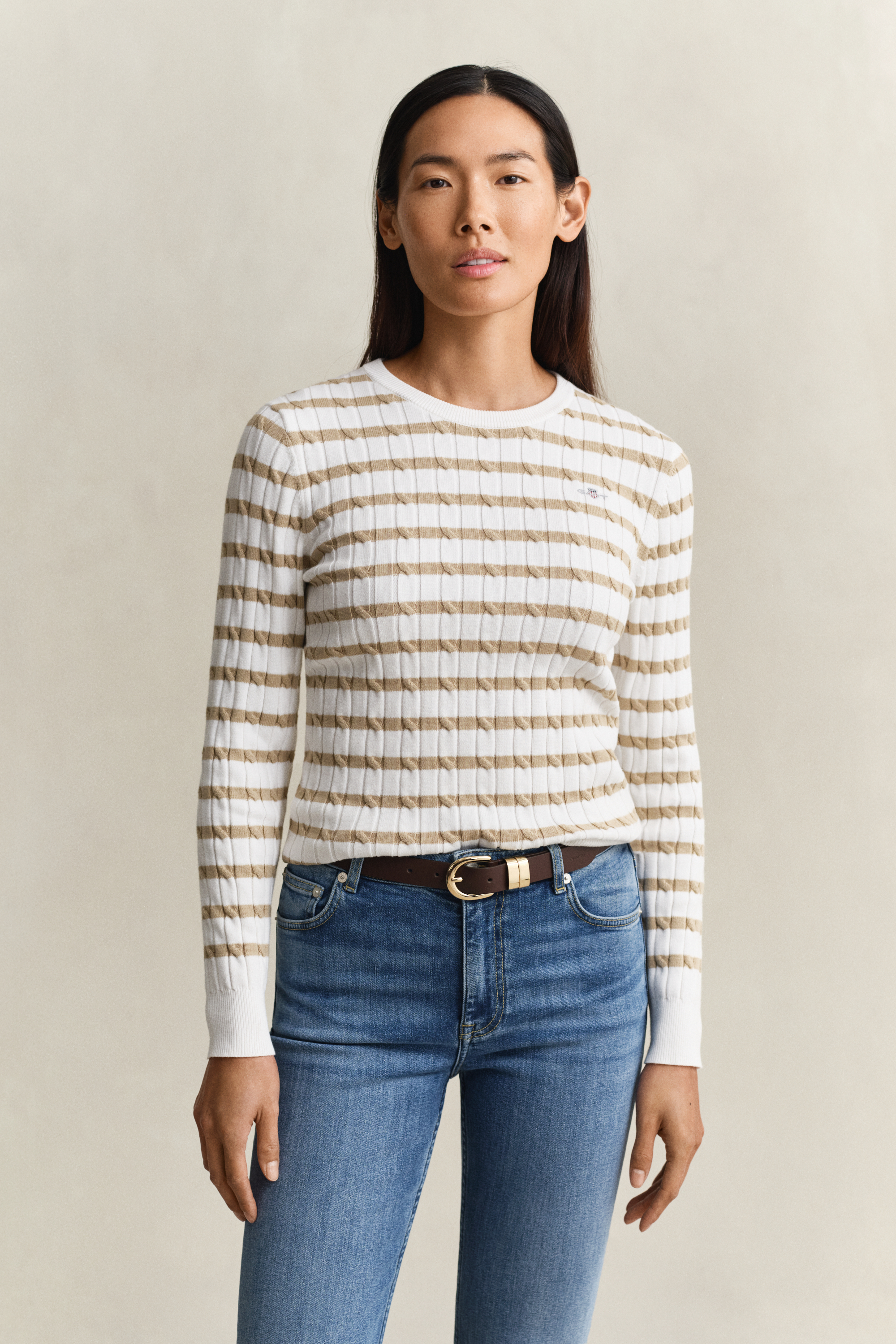 Gant Women's Oat Beige Striped Cable Knit Crew Neck Sweater (Xxl)