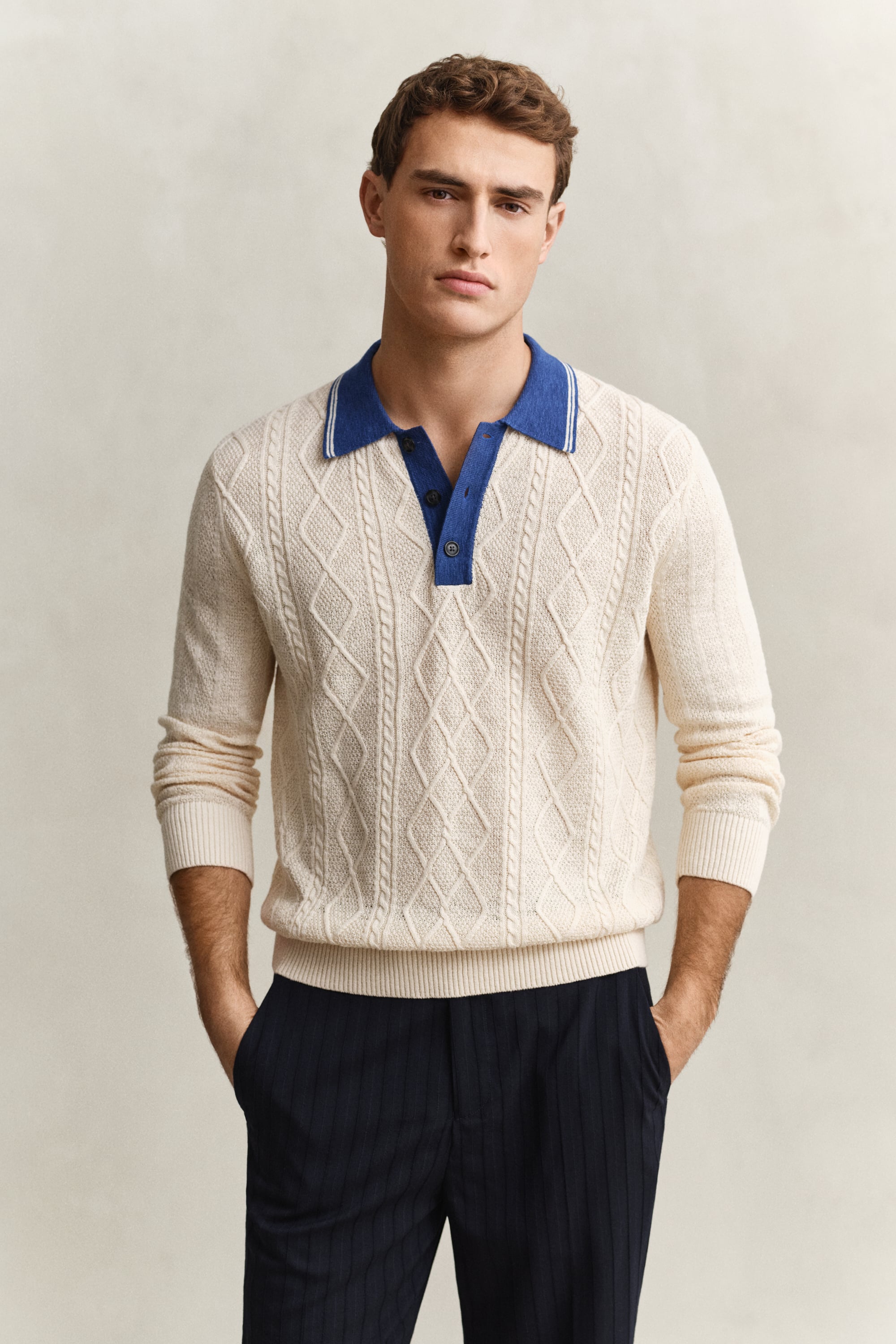 Gant Men's Creamed White Cable Knit Polo Sweater (Xl)