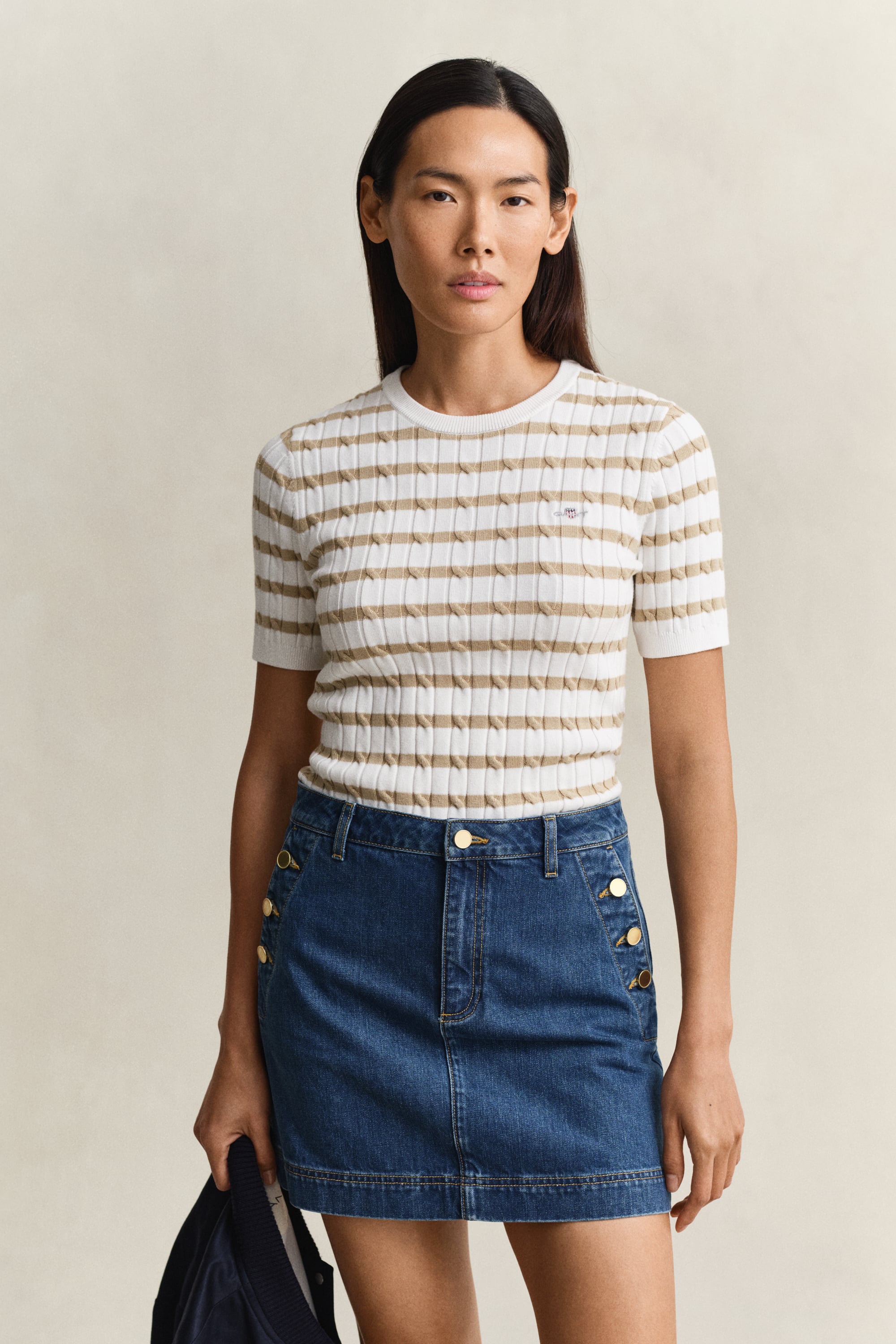 Gant Women's Oat Beige Striped Cable Knit Short Sleeve Sweater (Xxl)