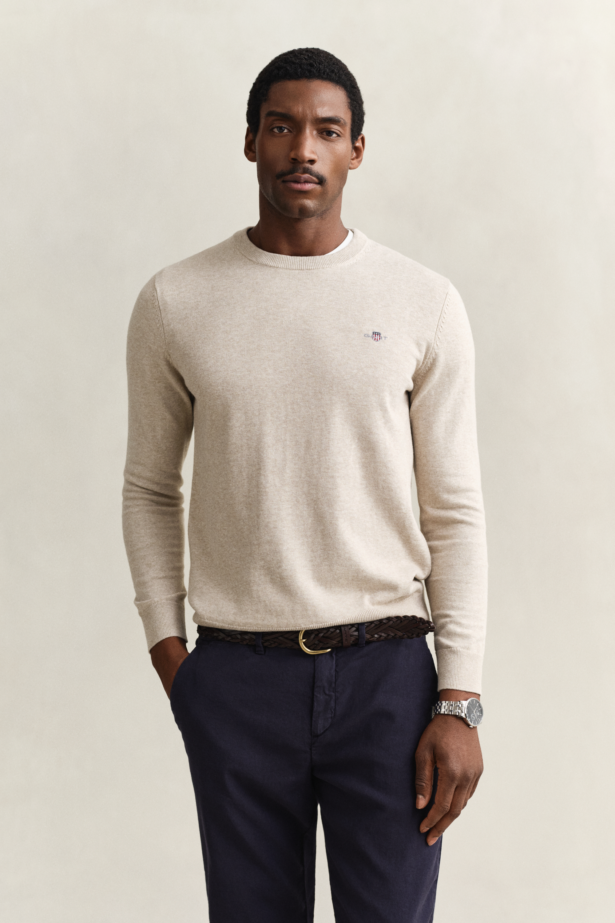 Gant Men's Beige Cotton Crew Neck Sweater (Xxxl) Oat Melange