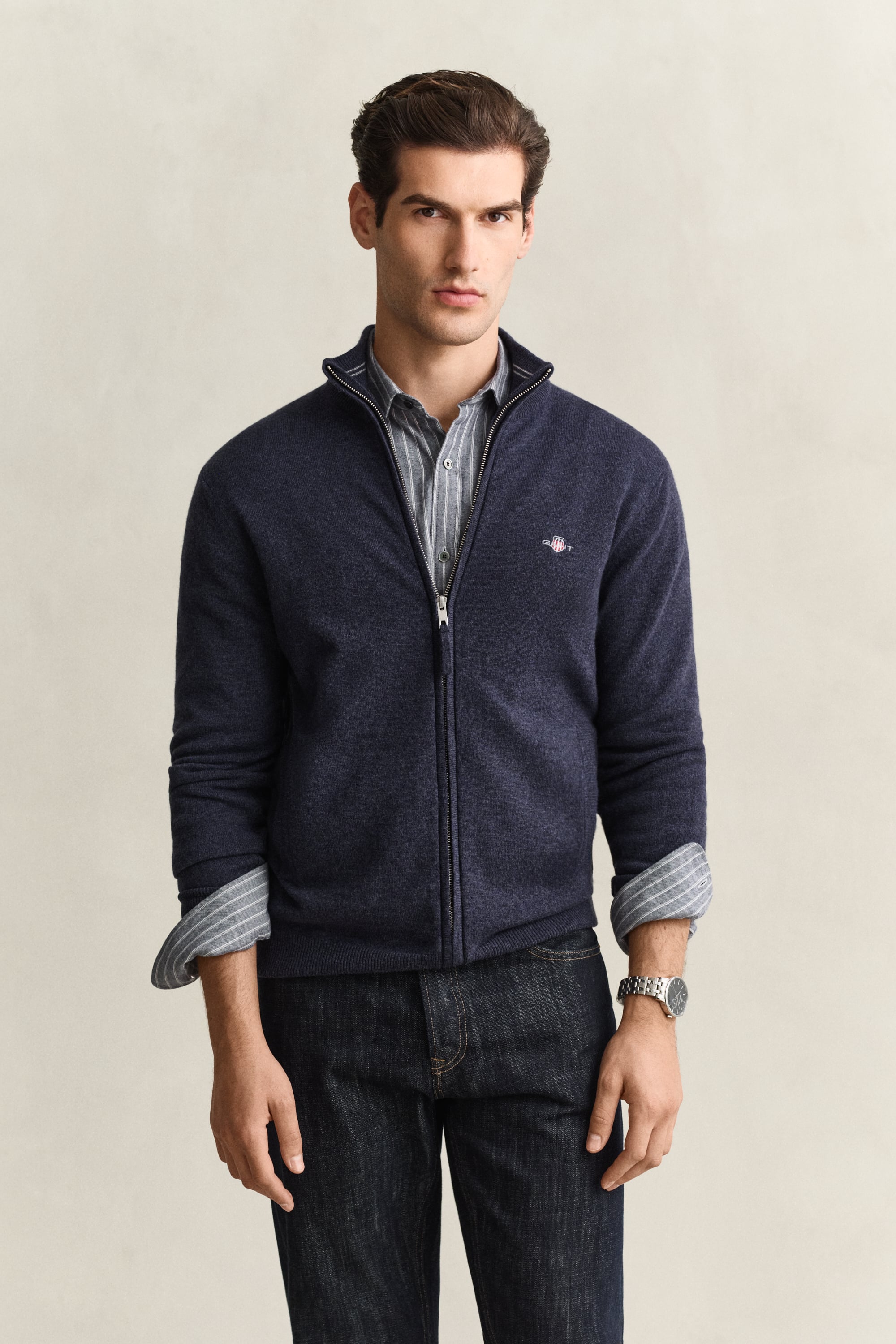 Gant Superfine Lambswool Full Zip Sweater for Men in Dark Navy Melange Size XL - Image 3