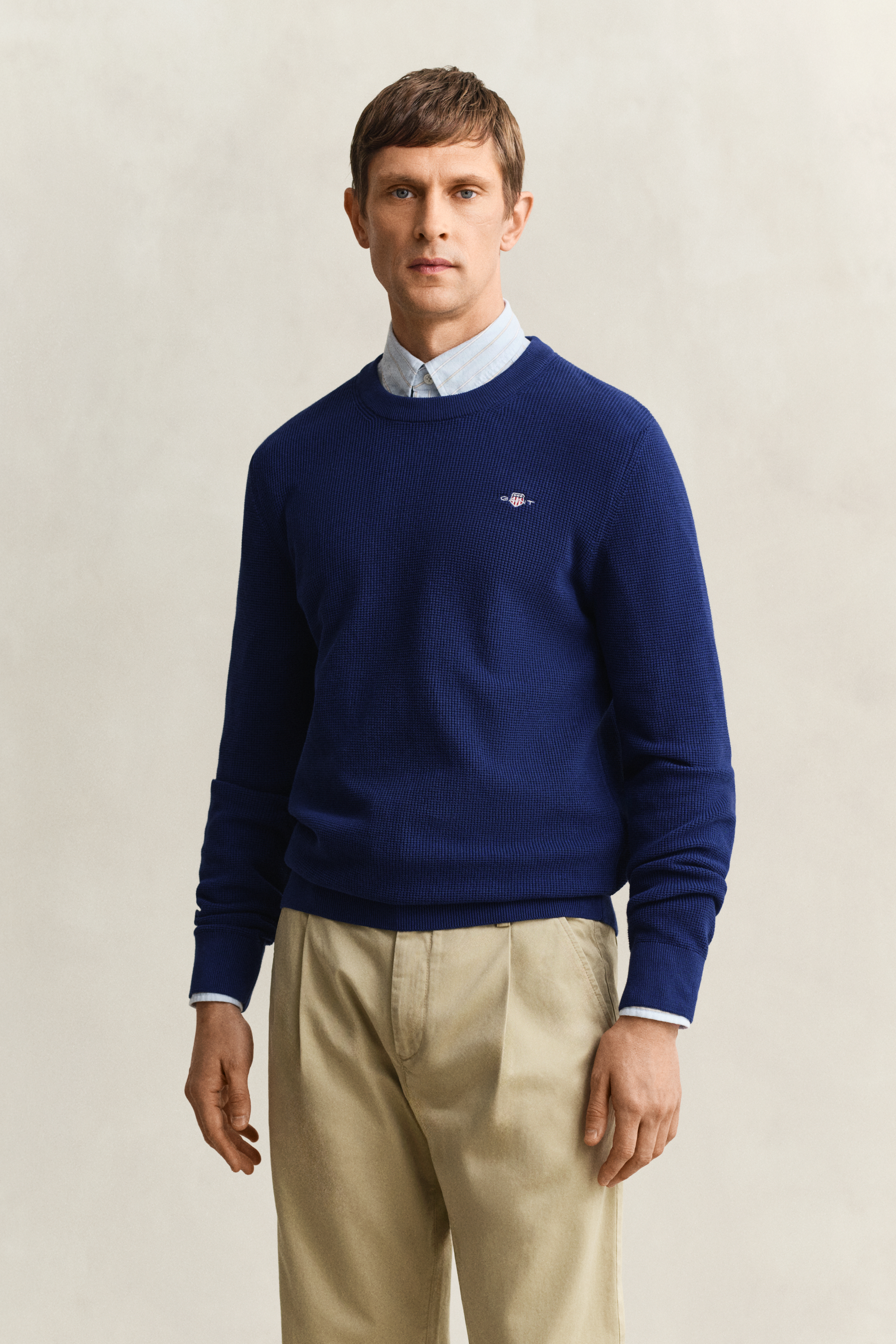 Gant Men's Navy Textured Cotton Crew Neck Sweater (Xl) Rich